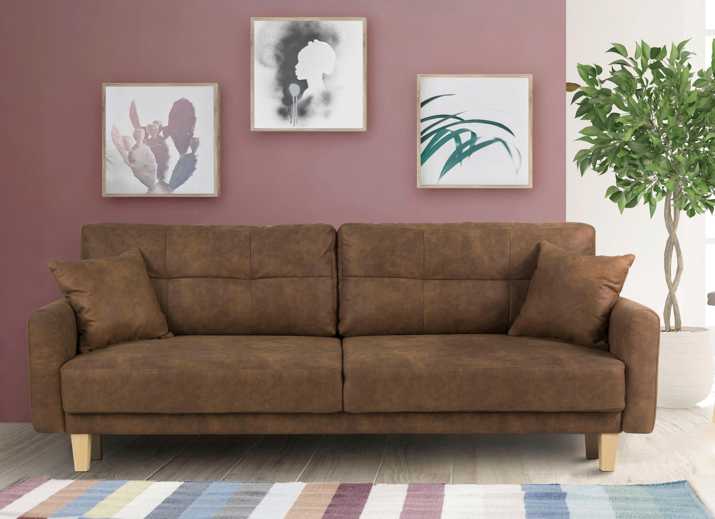 Home affaire 3-Sitzer »TRIPLO optionale Schlafsofa mit Bettkasten, Masse B/T/H: 215/100/89 cm«, Wahlweise Bettfunktion - Liegefläche 145x191 cm, Rücken-, Zierkissen