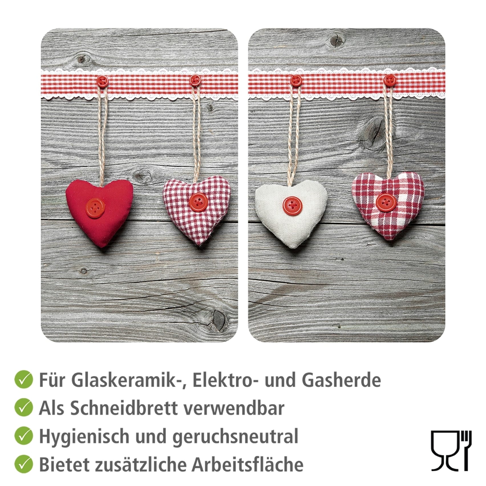 WENKO Herd-Abdeckplatte »Universal Modell Herzen«, (Set, 2 tlg.), Herdabdeckung für alle Herdarten, kratzfest, mit rutschfesten Füssen