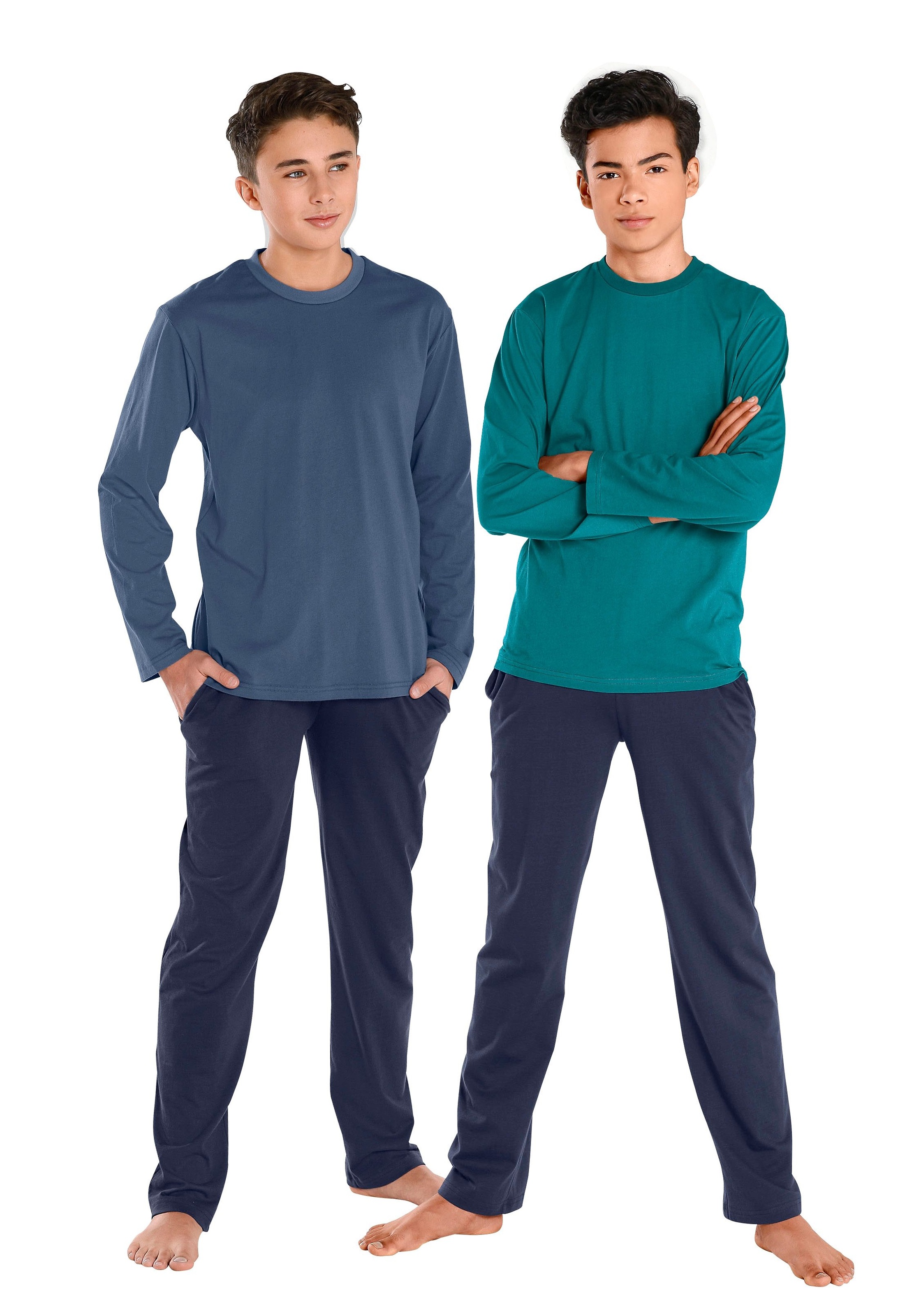 AUTHENTIC LE JOGGER Pyjama 4 tlg. langer Schlafanzug, unifarben, aus Baumwolle