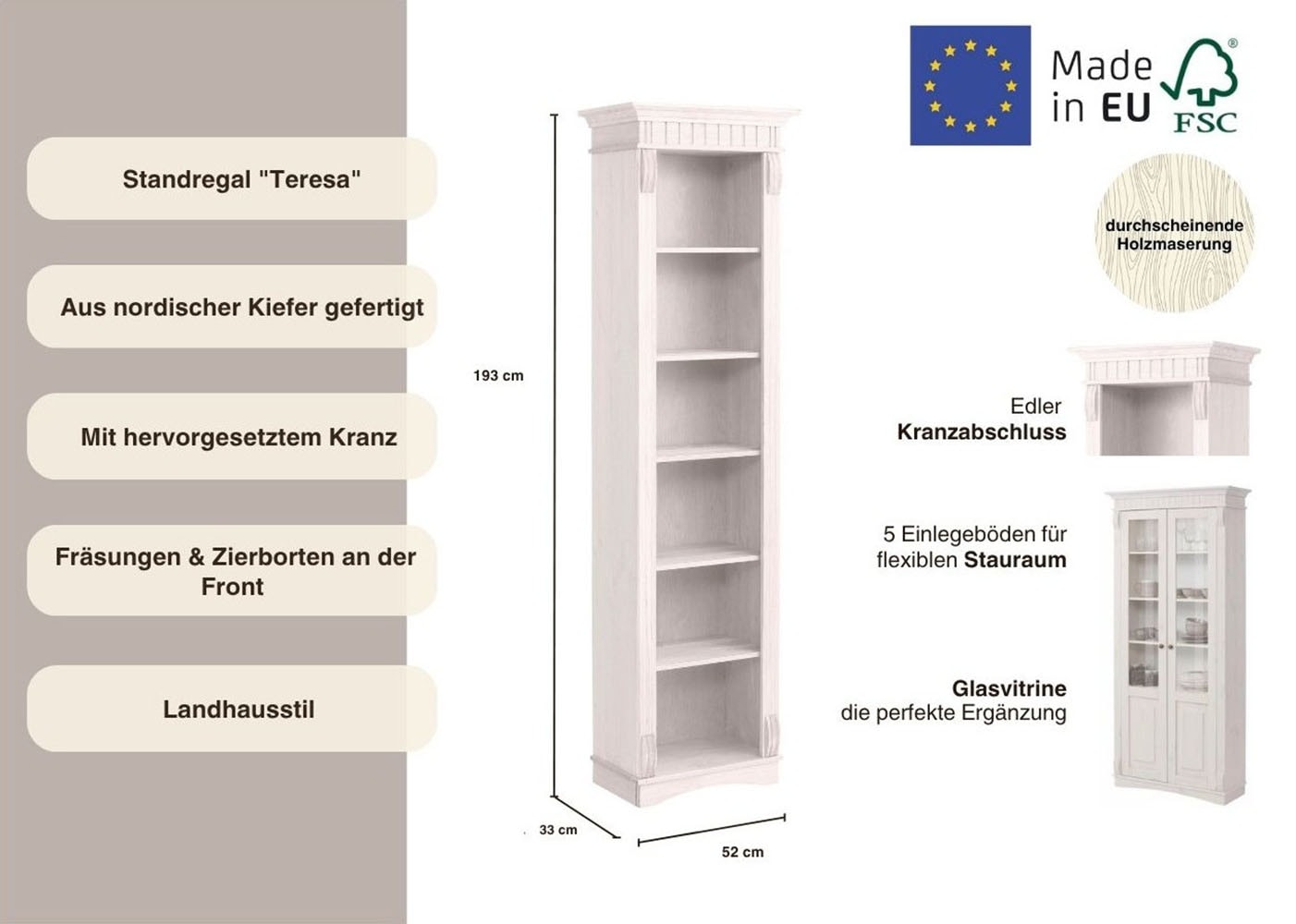 Home affaire Standregal »Teresa«, (Masse (B/T/H): 52/33/193 cm), Höhe 193 cm, aus massiver Kiefer, FSC®