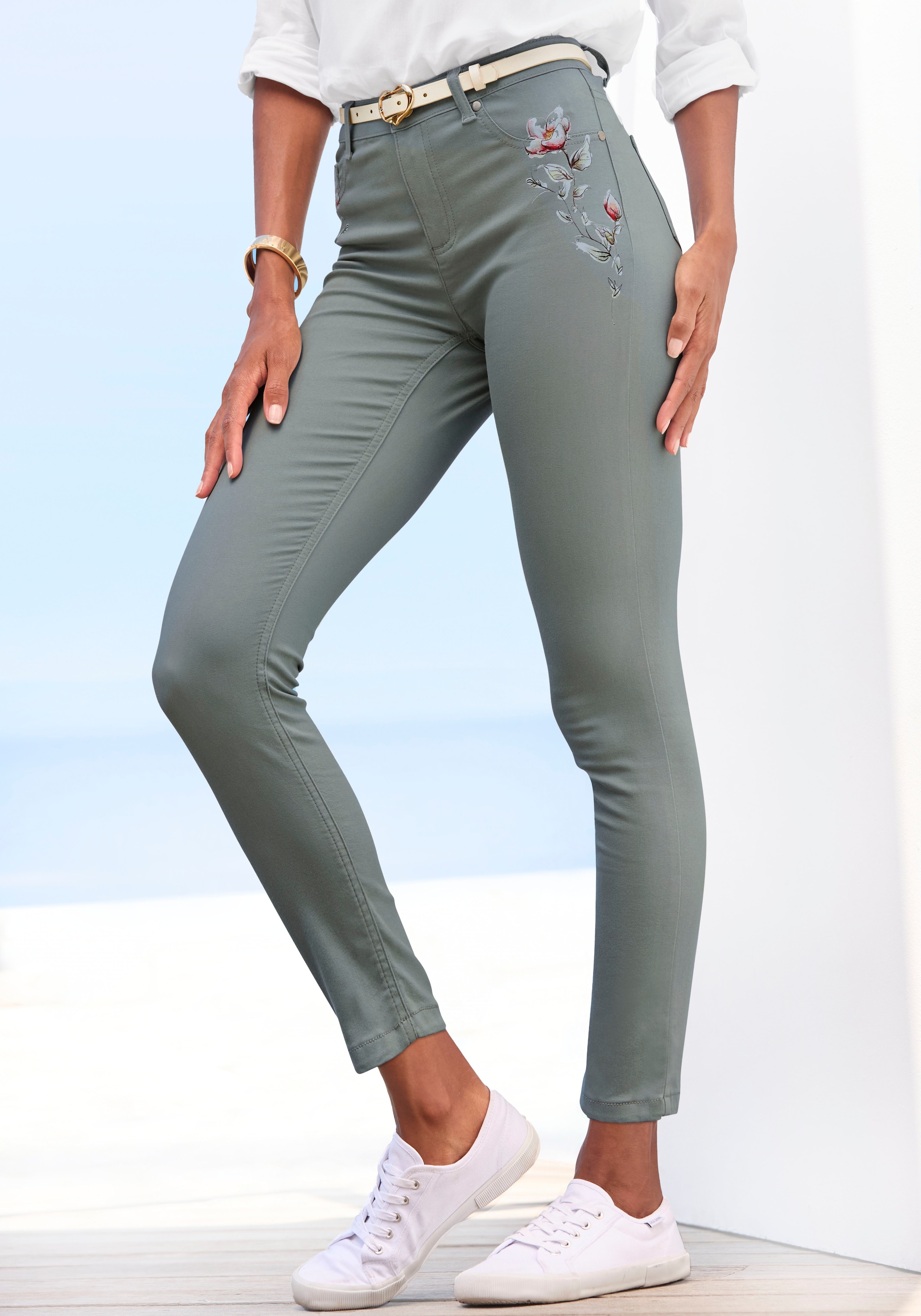 7/8-Jeggings, mit dezentem Blumendruck, elastische Skinny Jeans aus Baumwoll-Mix