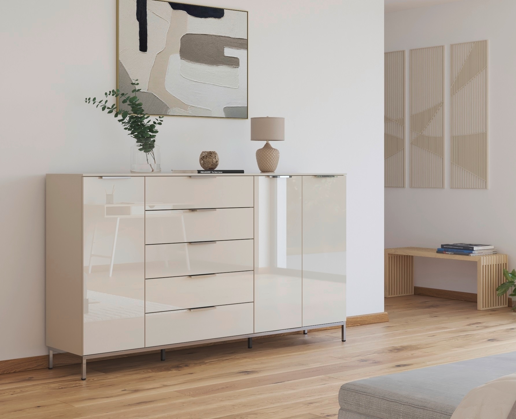 rauch Kombikommode "Kommode Türkommode Sideboard Kombikommode FLIPP mit Glasfront" Breite 200 cm mit 4 Einlegeböden, 3-türig mit 5 Schubladen und Soft-Close-Funktion sowie Glasfront