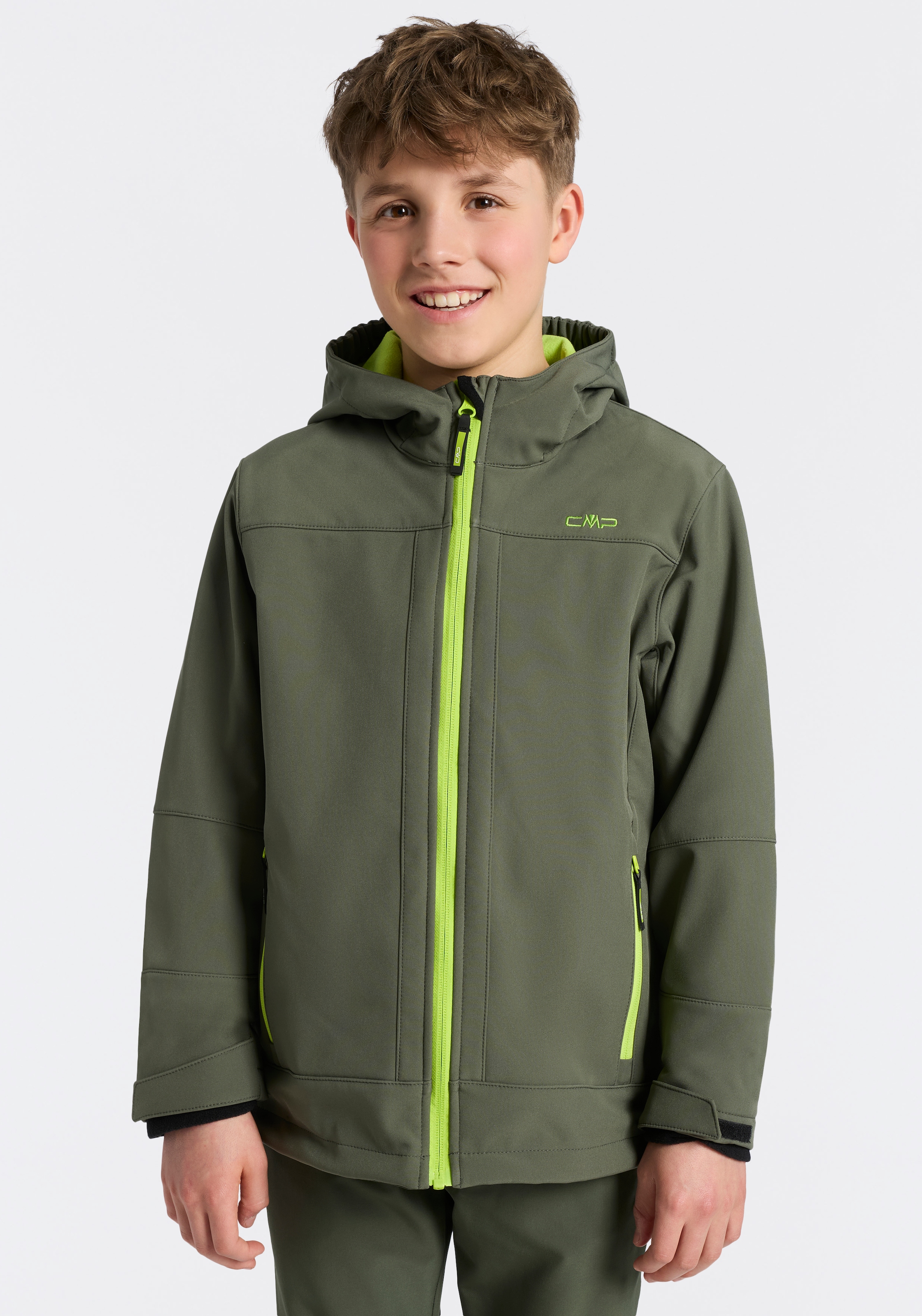 Cmp Oil Grün Softshelljacke "Kid Softshell Jacket Fix Hood" Mit Kapuze Mit Hoch Geschlossenem Ausschnitt, Elastisch, Atmungsaktiv