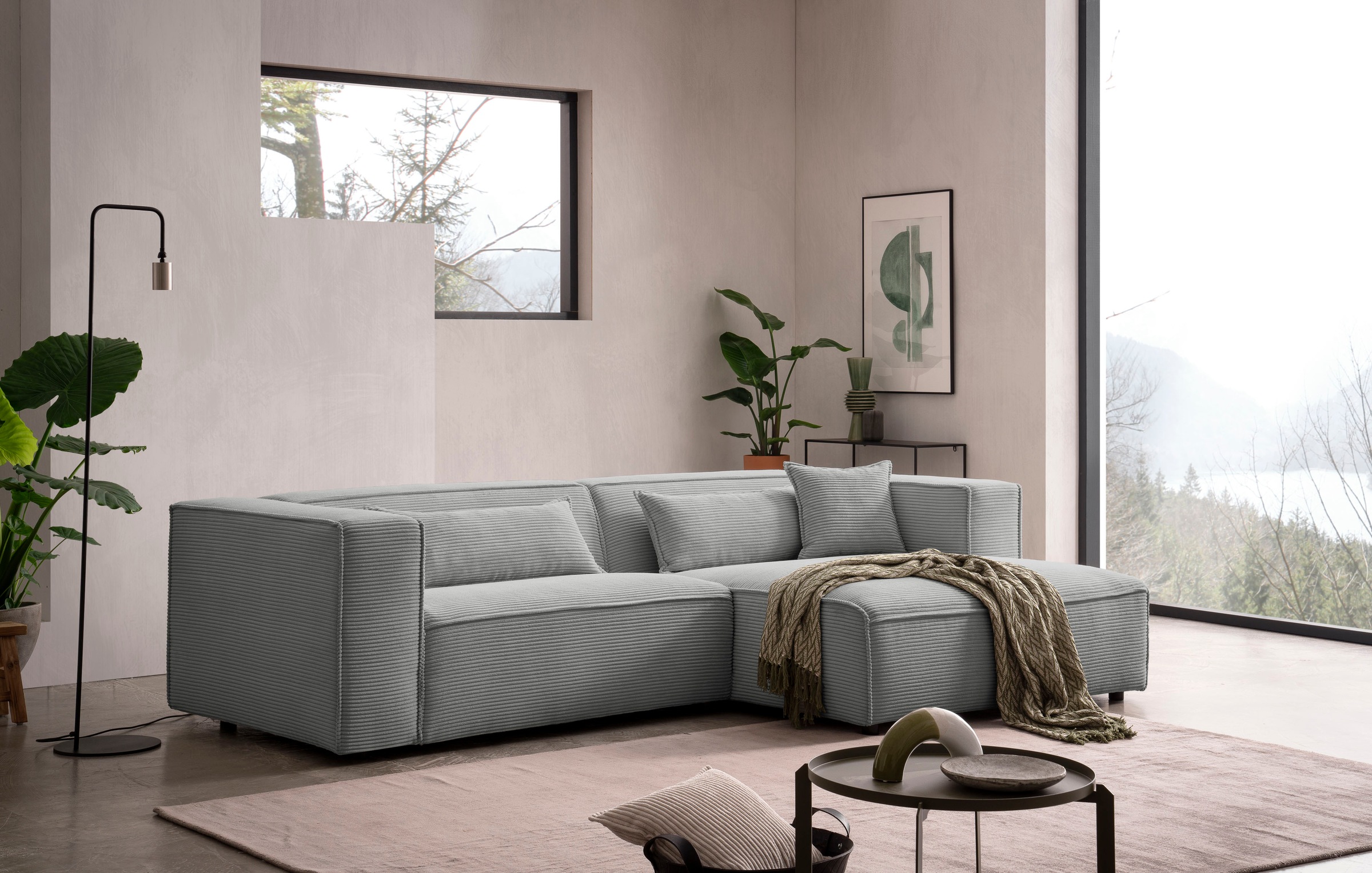 LeGer Home by Lena Gercke Ecksofa »PIARA mit Kedernaht in Cord oder Leinenoptik, moderne Couch in L-Form«, wahlweise Ottomane rechts/links, schwarze Füsse, bequemer Sitzkomfort