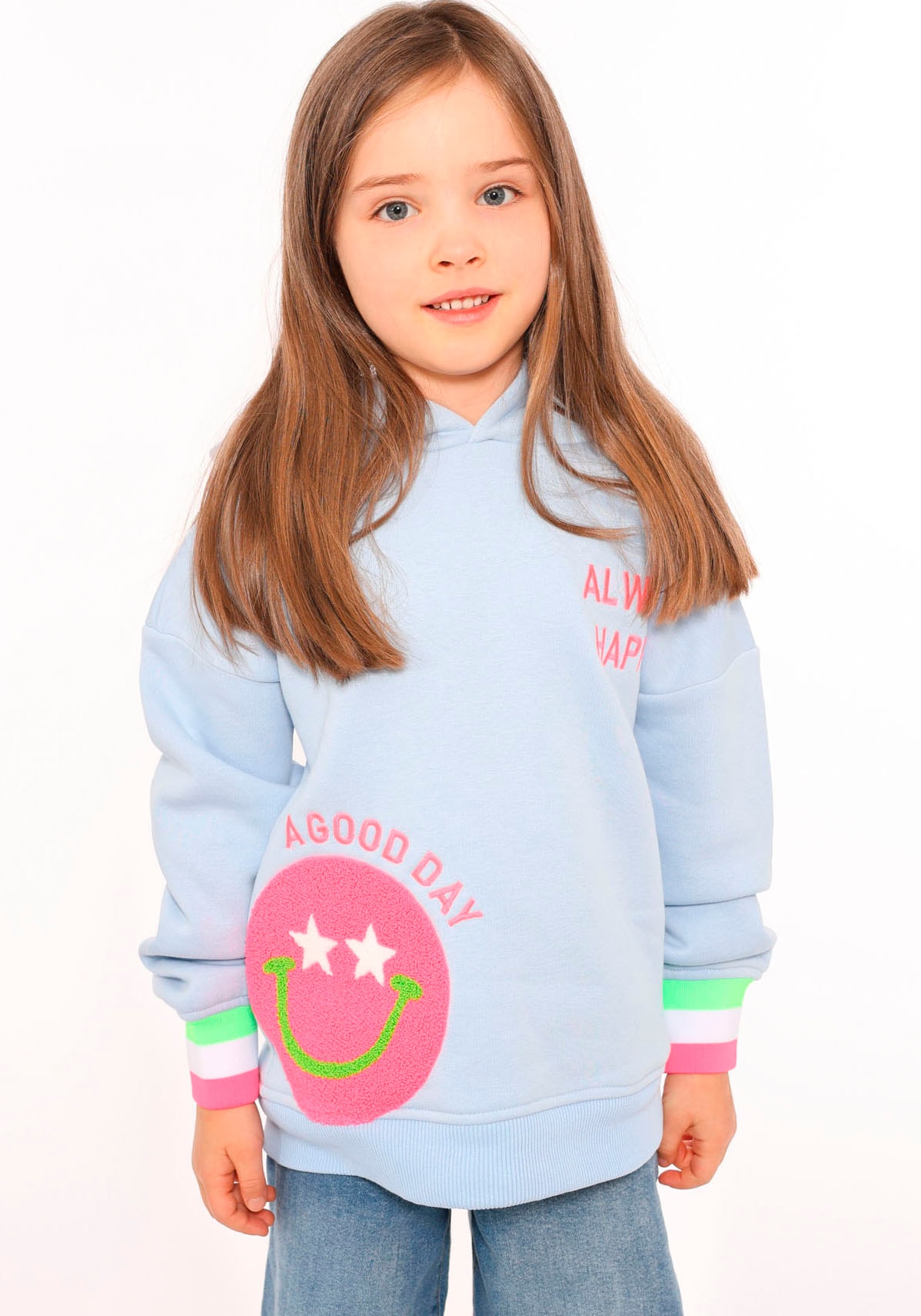 Zwillingsherz Hoodie »"Always Happy" Kids«, mit grossem Smiley und neonfarbenen Details