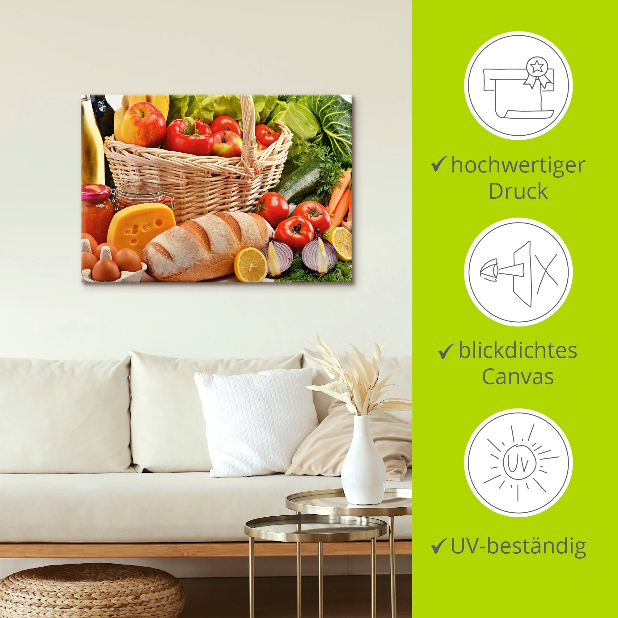 Artland Wandbild »Gesund Leben - Obst und Gemüsekorb«, Lebensmittel, (1 St.), als Alubild, Leinwandbild, Wandaufkleber oder Poster in versch. Grössen