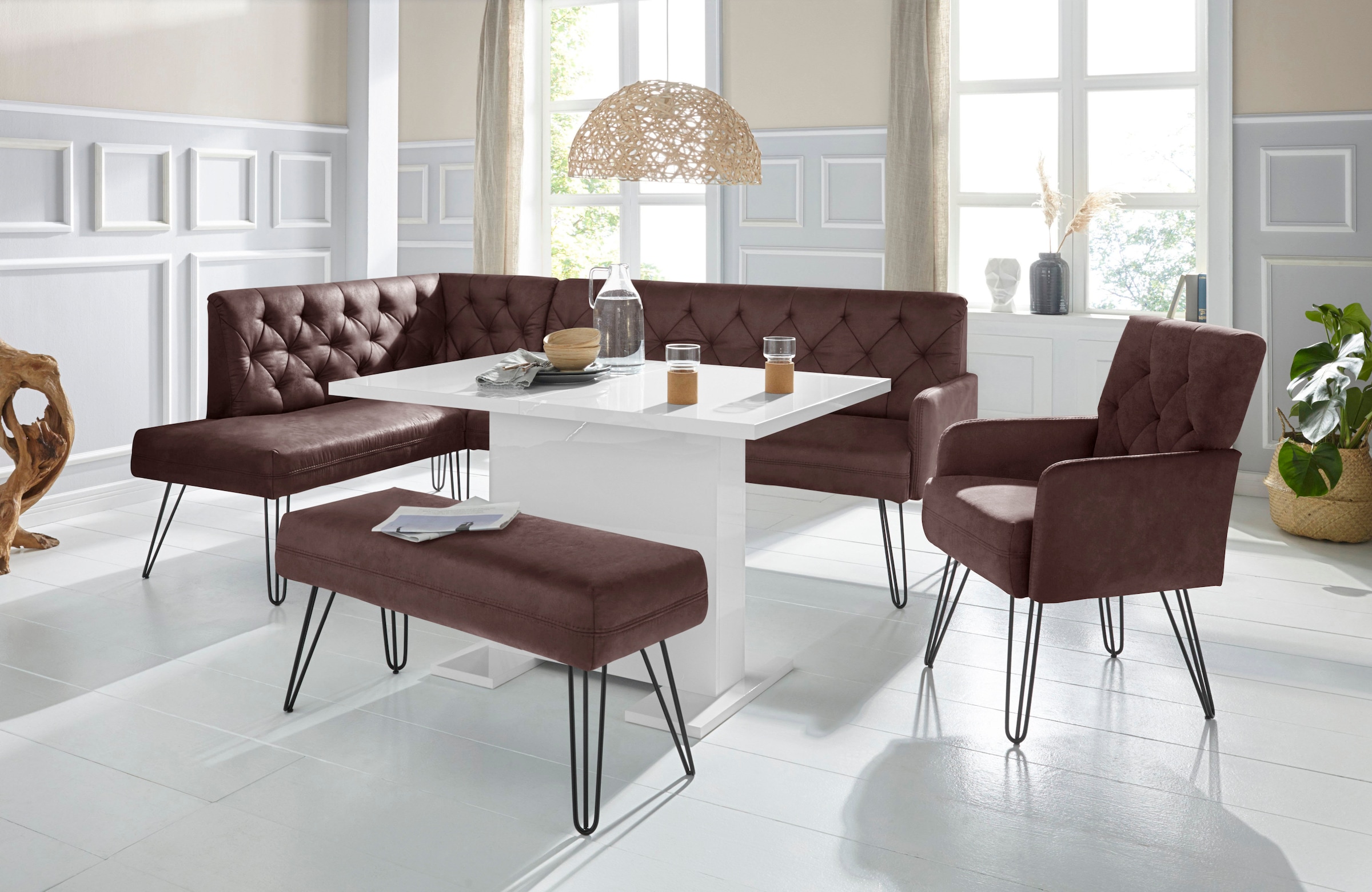 exxpo - sofa fashion Eckbank »Doppio, Chesterfield Optik, komfortabel und bequem, hohe Designfüsse«, Frei im Raum stellbar