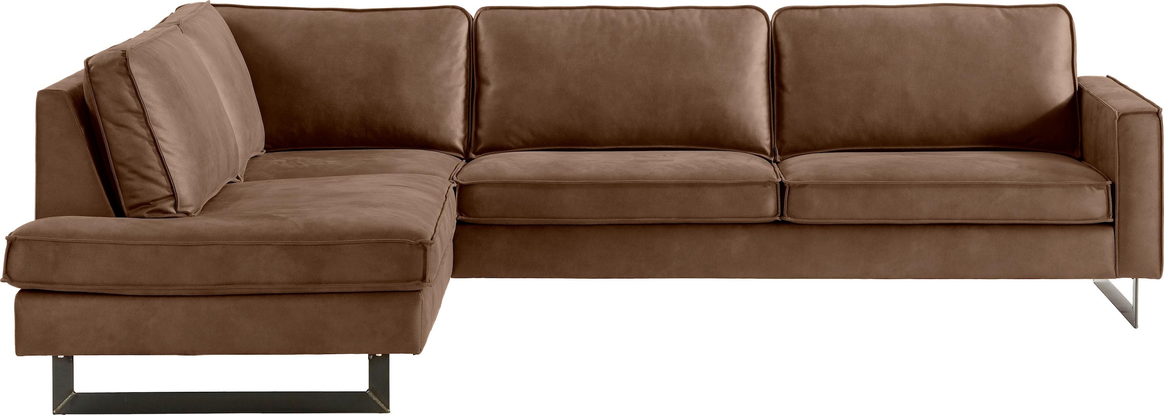 Places of Style Ecksofa »Pinto, 290 cm, Cord, Chenille, Lederoptik, Ottomane links / rechts«, mit Keder, schwarze Metallfüsse, Wellenunterfederung