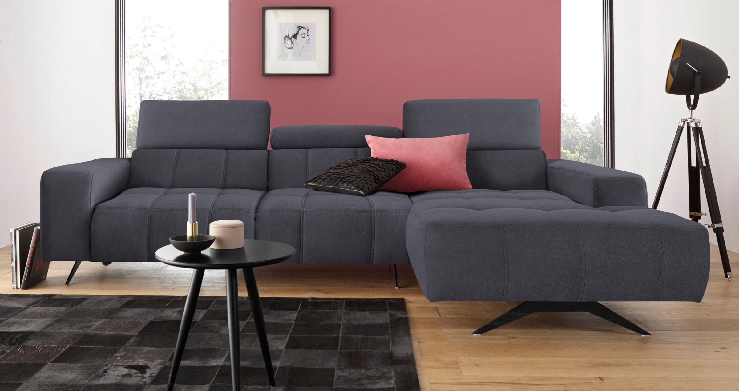 DOMO collection Ecksofa »Trento L-Form, mit Kufenfuss oder Einzelfuss«, wahlweise mit Kopfteilverstellung, Recamiere links/rechts bestellbar