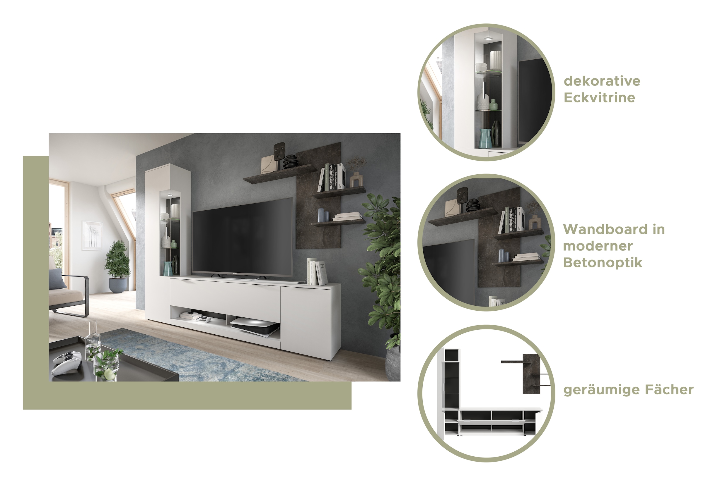 INOSIGN Wohnwand »Porto, Breite 250cm, in Weiss/Beton Nachbildung«, (3 St.), TV-Wand, Mediawand, Lowboard, Vitrine, Wandboard