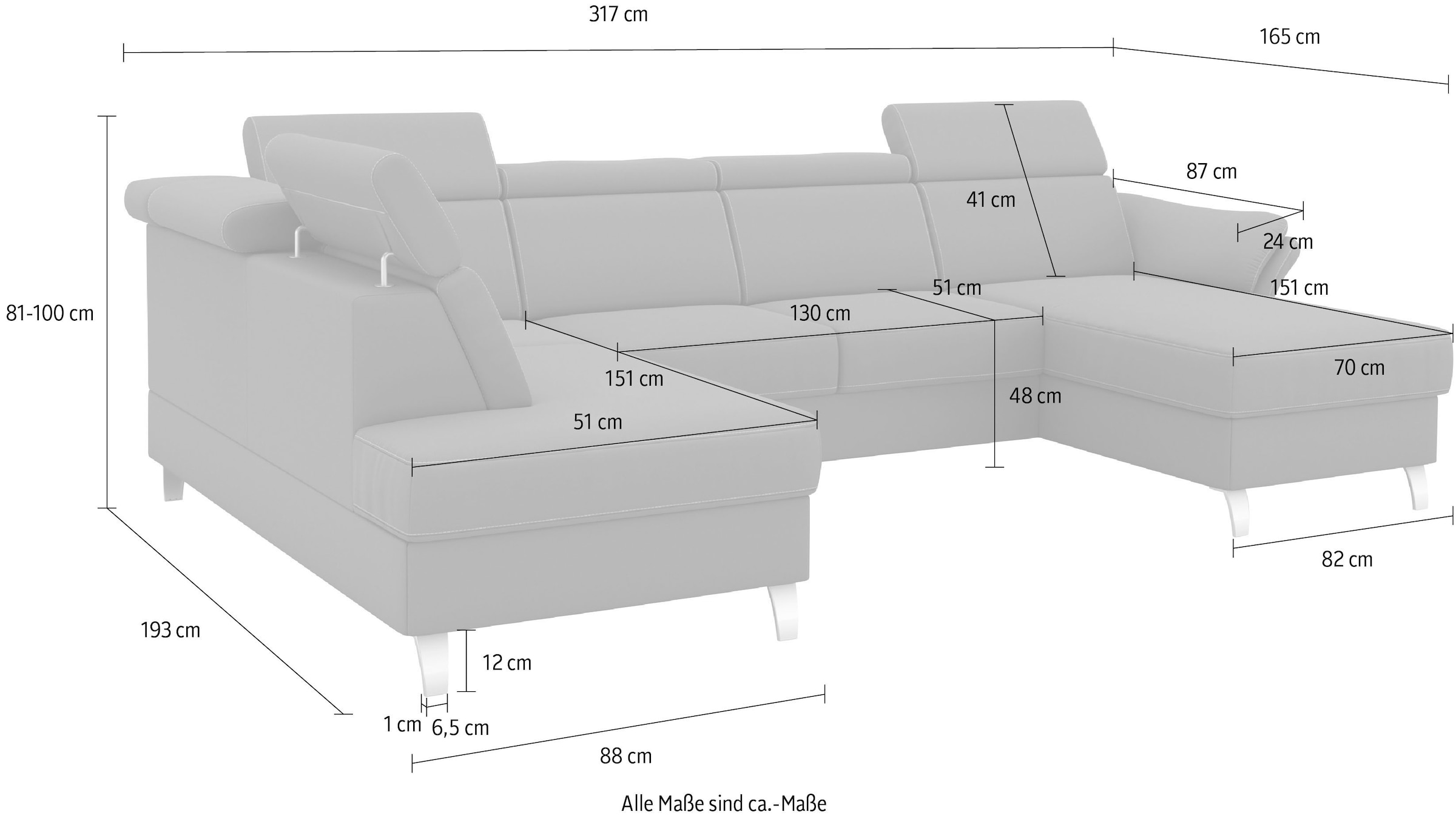 sit&more Wohnlandschaft »Vincenzo U-Form«, inklusive Kopfteilverstellung, wahlweise mit Bettfunktion, Bettkasten