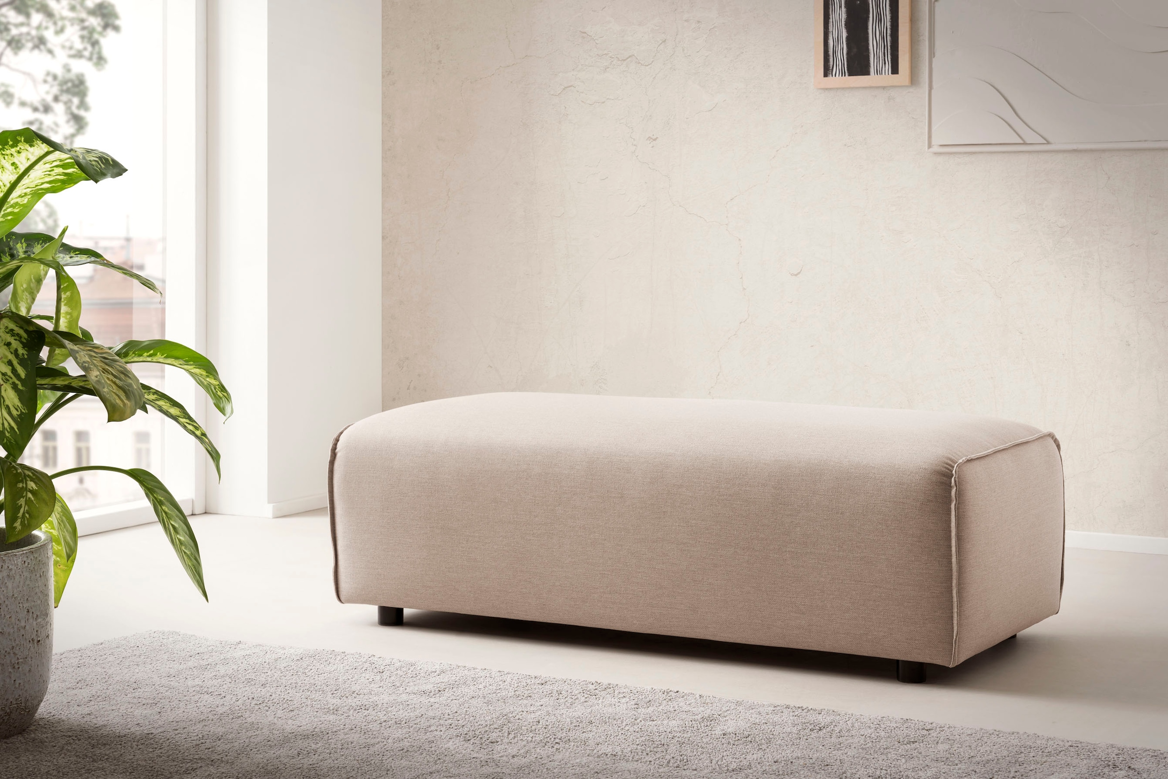 LeGer Home by Lena Gercke Hocker »PIARA, Polsterhocker mit Kedernaht in Cord oder Leinenoptik«, zur Serie PIARA, rechteckig, schwarze Füsse, bequemer Sitzkomfort