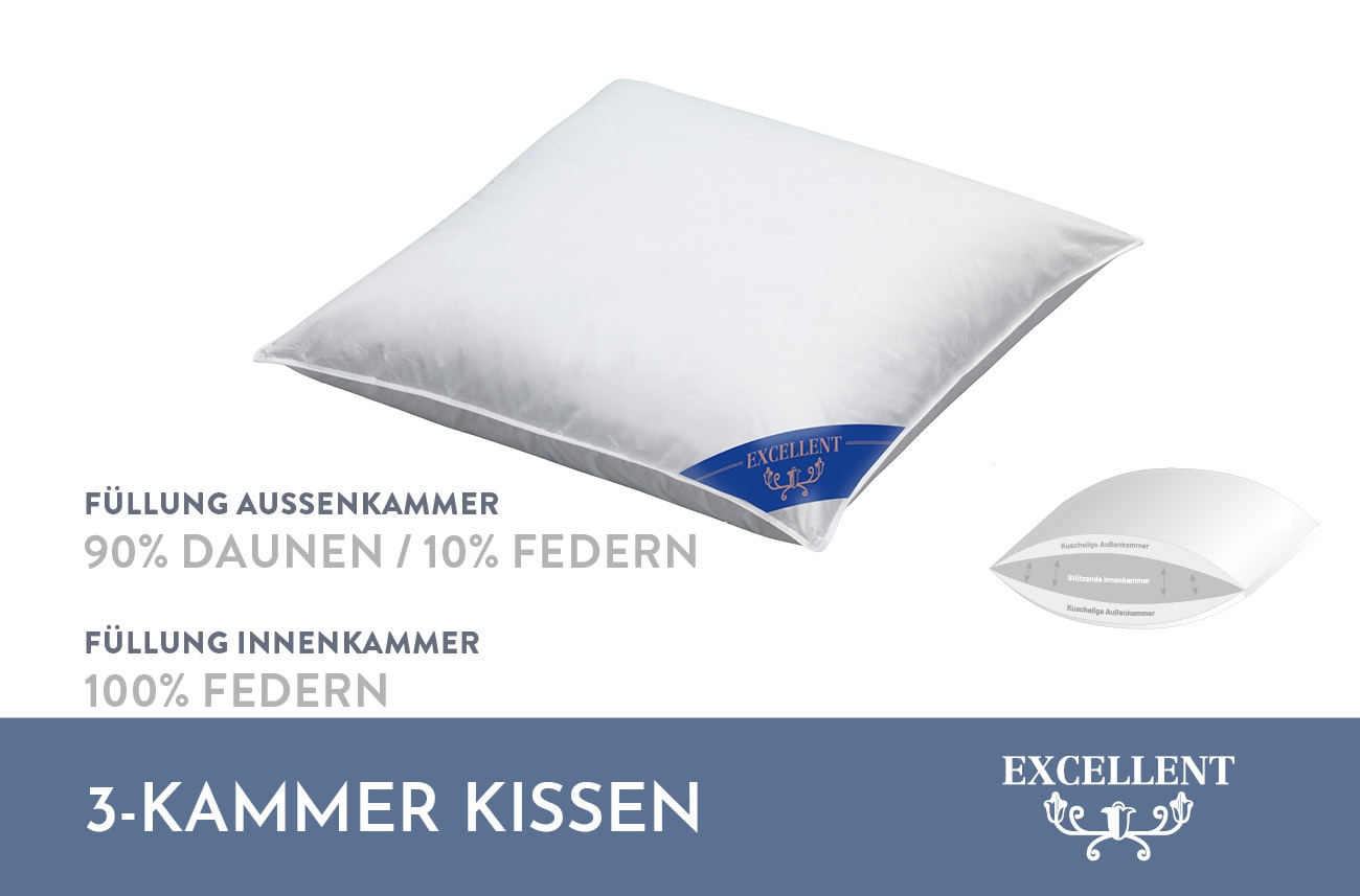Excellent 3-Kammer-Kopfkissen »Venedig, Kissen hergestellt in Deutschland!«, Füllung: 90% Daunen (Aussenkammer), Bezug: 100% Baumwolle, (1 St.), allergikerfreundlich, Kissen vom Hohenstein Institute ausgezeichnet