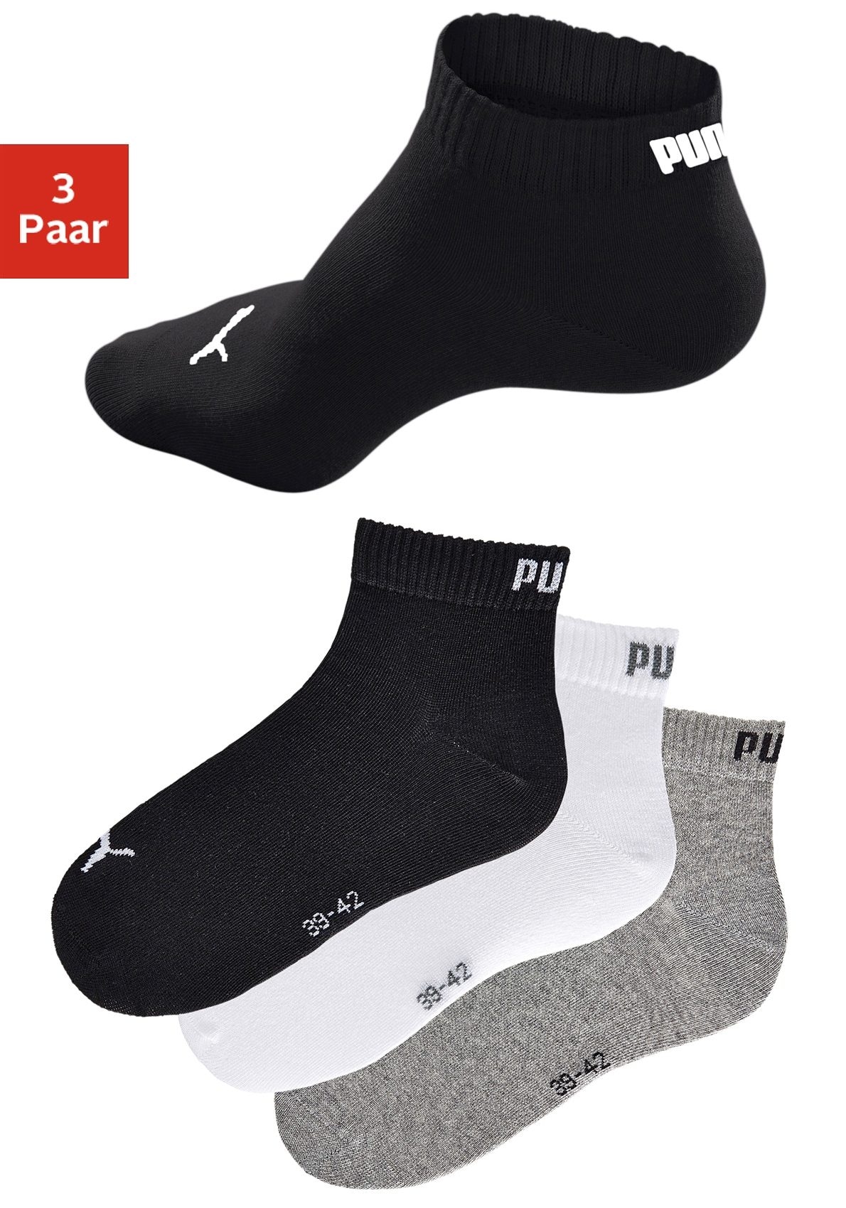 PUMA Kurzsocken, (3 Paar), mit Rippbündchen