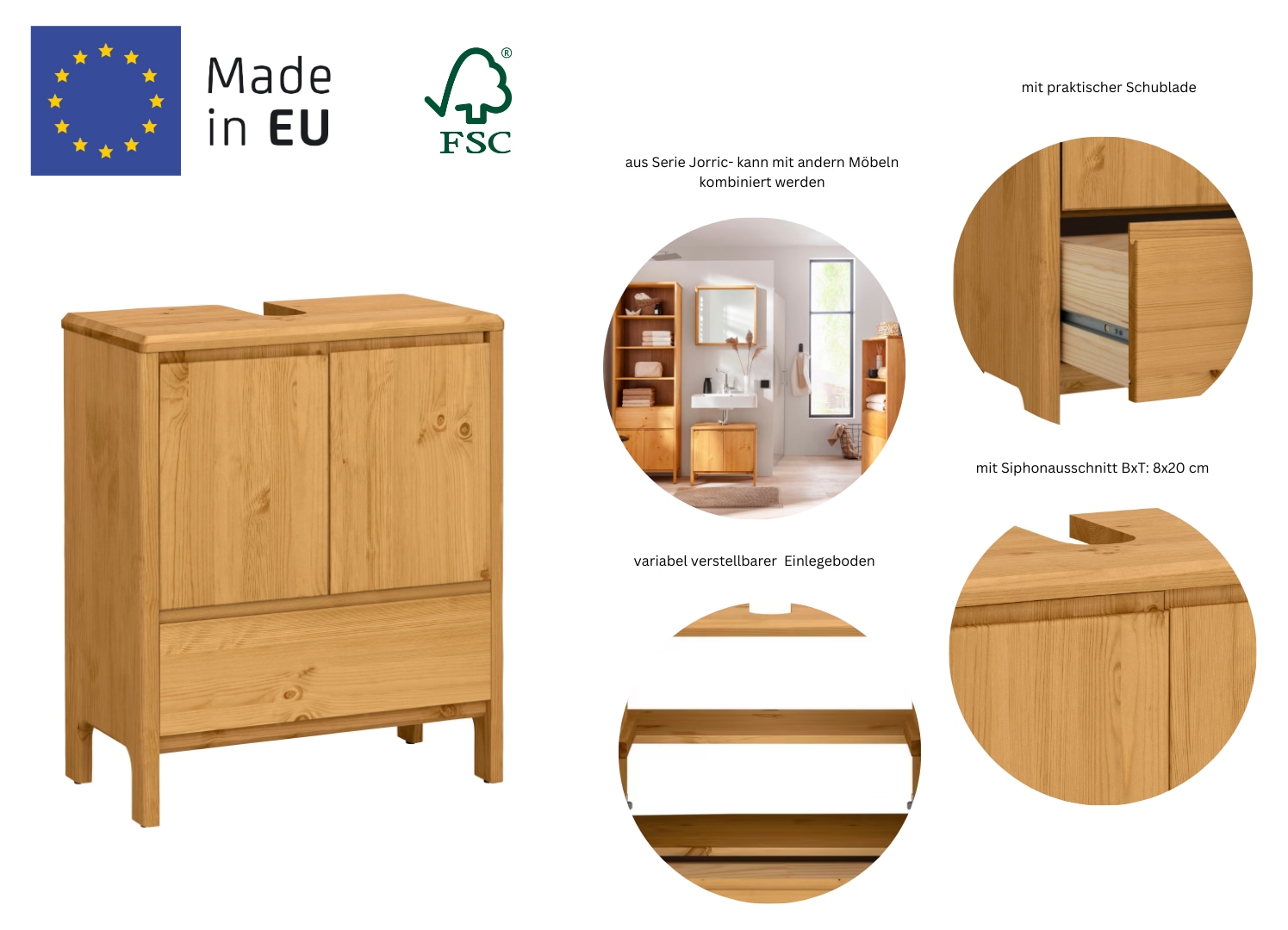 GOODproduct Waschbeckenunterschrank »Jorrick«, Breite 60 cm, Kiefer mit Bio Öl/Wachs behandelt, Siphonausschnitt