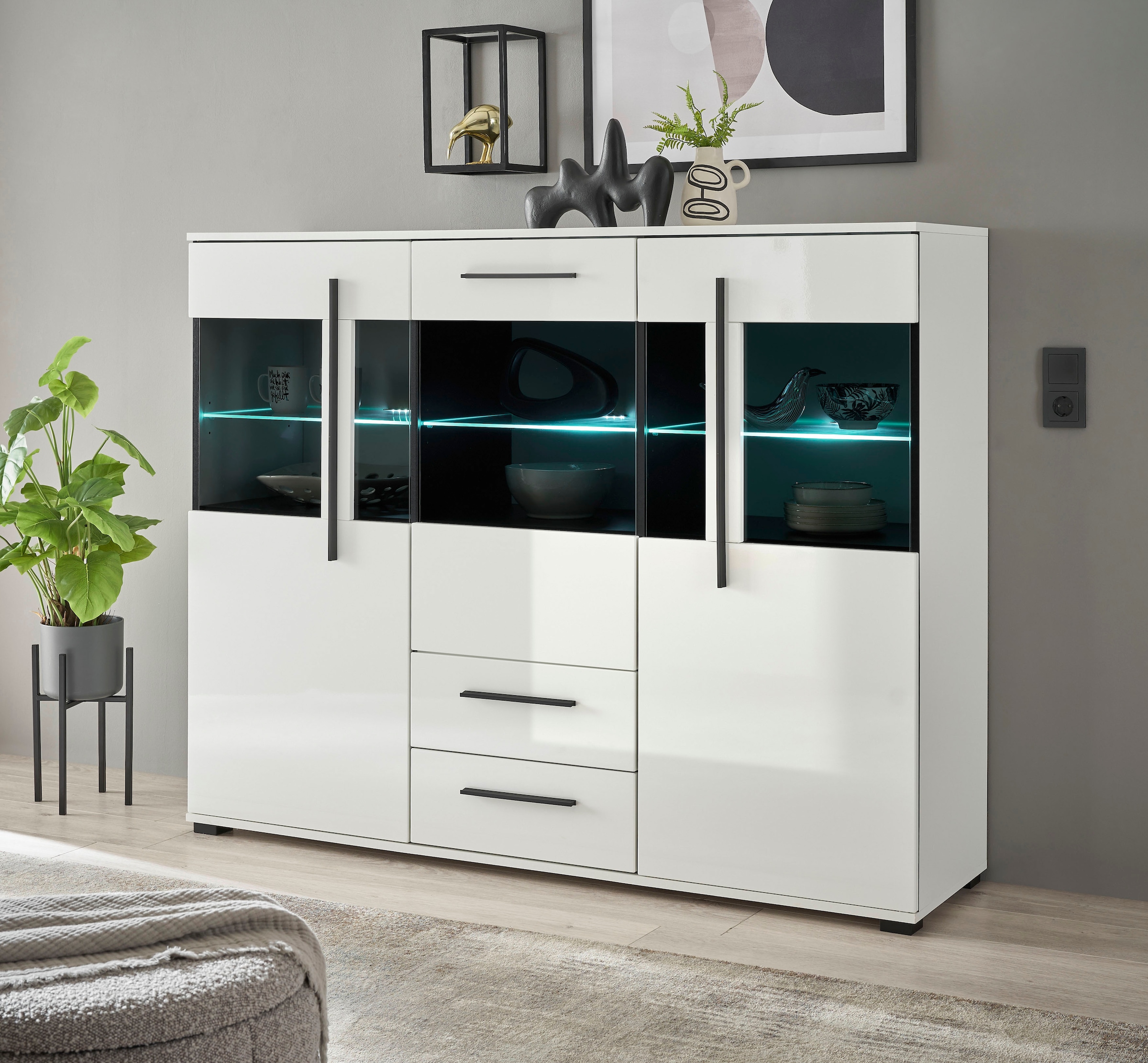 INOSIGN Highboard »Cantara, moderner Schrank, Vitrine in Eiche Dekor oder weiss«, schwarze Stangengriffe, ausreichend Stauraum, vielseitig einsetzbar