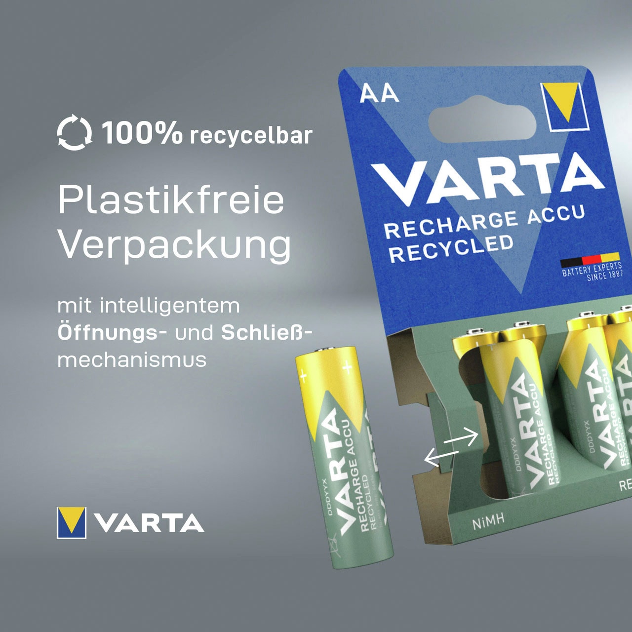VARTA wiederaufladbare Batterien »wiederauflaudbare Akkus«, 1,2 V, (Packung, 4 St.), VARTA Recharge Accu Recycled, Ready-To-Use vorgeladener AAA Micro Ni-MH Akku (4er Pack, 800mAh) - aus 11% recyceltem Material - wiederaufladbar ohne Memory Effekt