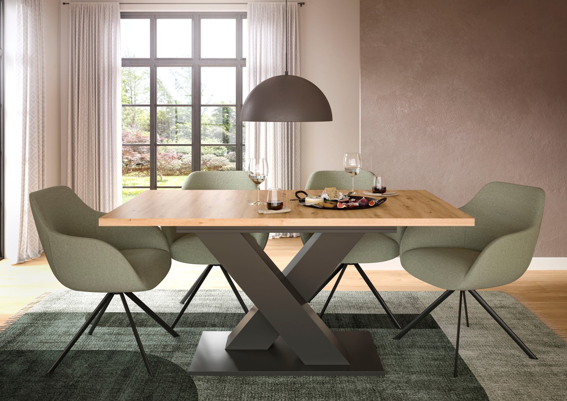 INOSIGN Esstisch »Motus, ausziehbar 150 -190 cm, inklusive 40 cm Einlegeplatte«, (Set, 1 St.), X-Gestell mit Bodenplatte, Tisch, Küchentisch, Esszimmer, Küche