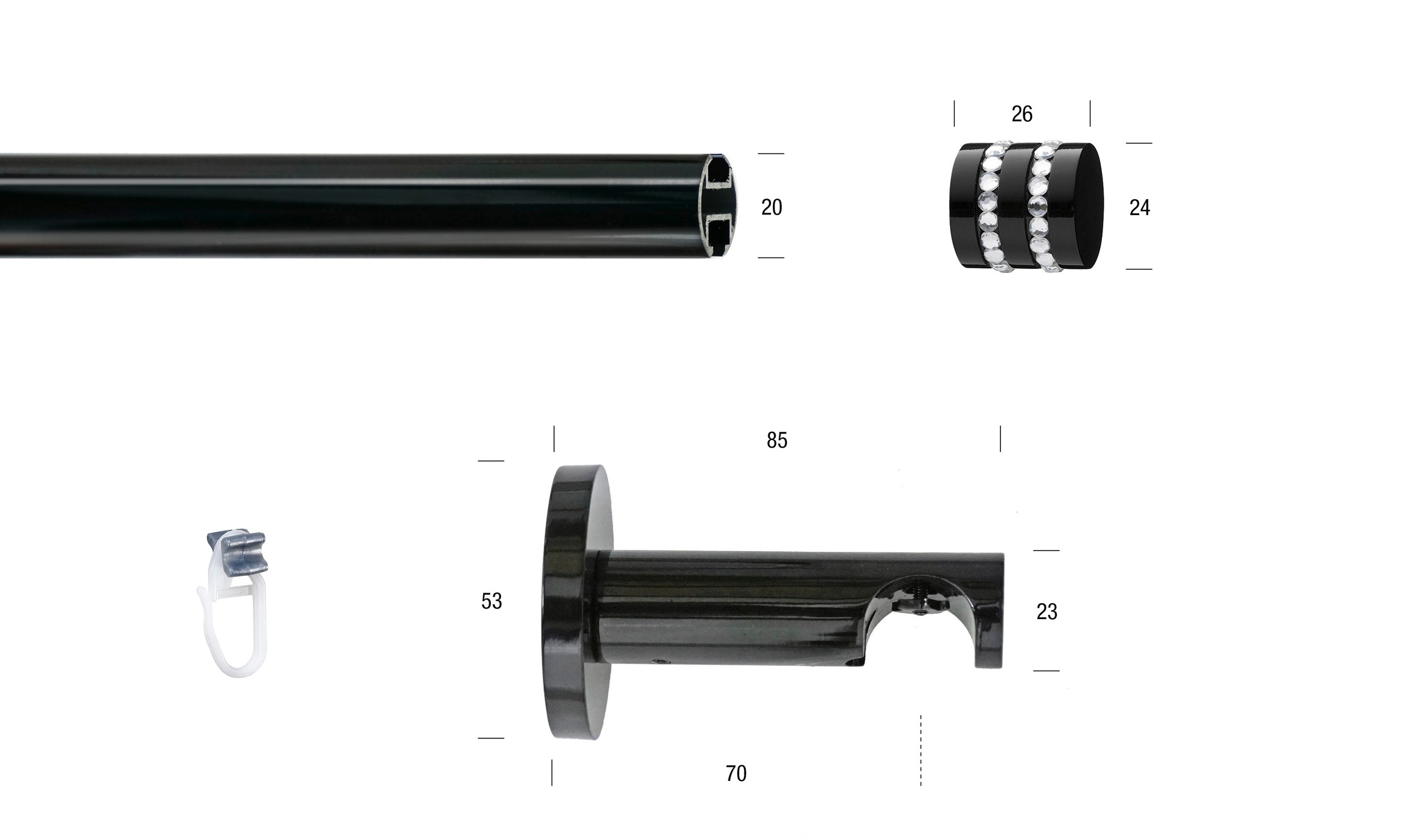 GARESA Gardinenstange »BLACK«, 1 läufig-läufig, Wunschmasslänge, Vorhanggarnitur, Innenlauf, verlängerbar, Endknopf mit Glitzersteinen