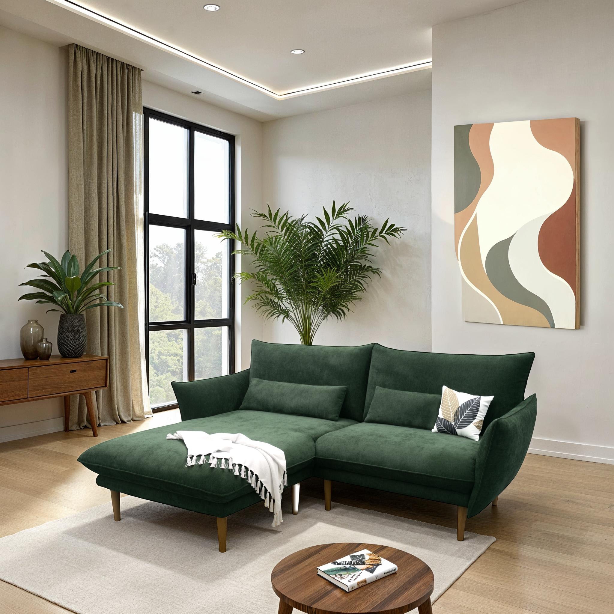 DOMO collection Ecksofa »Leuven kompakte Stellmasse, Breite 200 cm, schmale Armlehnen, L-Form«, angenehm feste Polsterung, bodenfrei, 19 cm hohe Holzfüsse