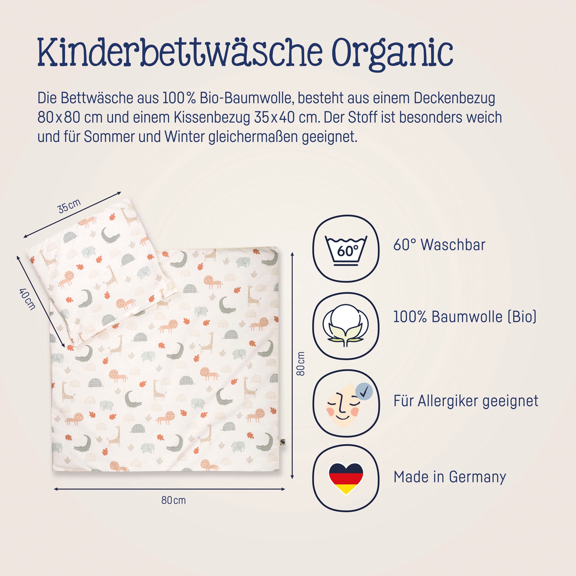 Julius Zöllner Kinderbettwäsche »Baby- und Kinderbettwäsche aus 100% Bio-Baumwolle«, erhältlich in den Grössen 80x80+35x40cm und 100x135+40x60cm