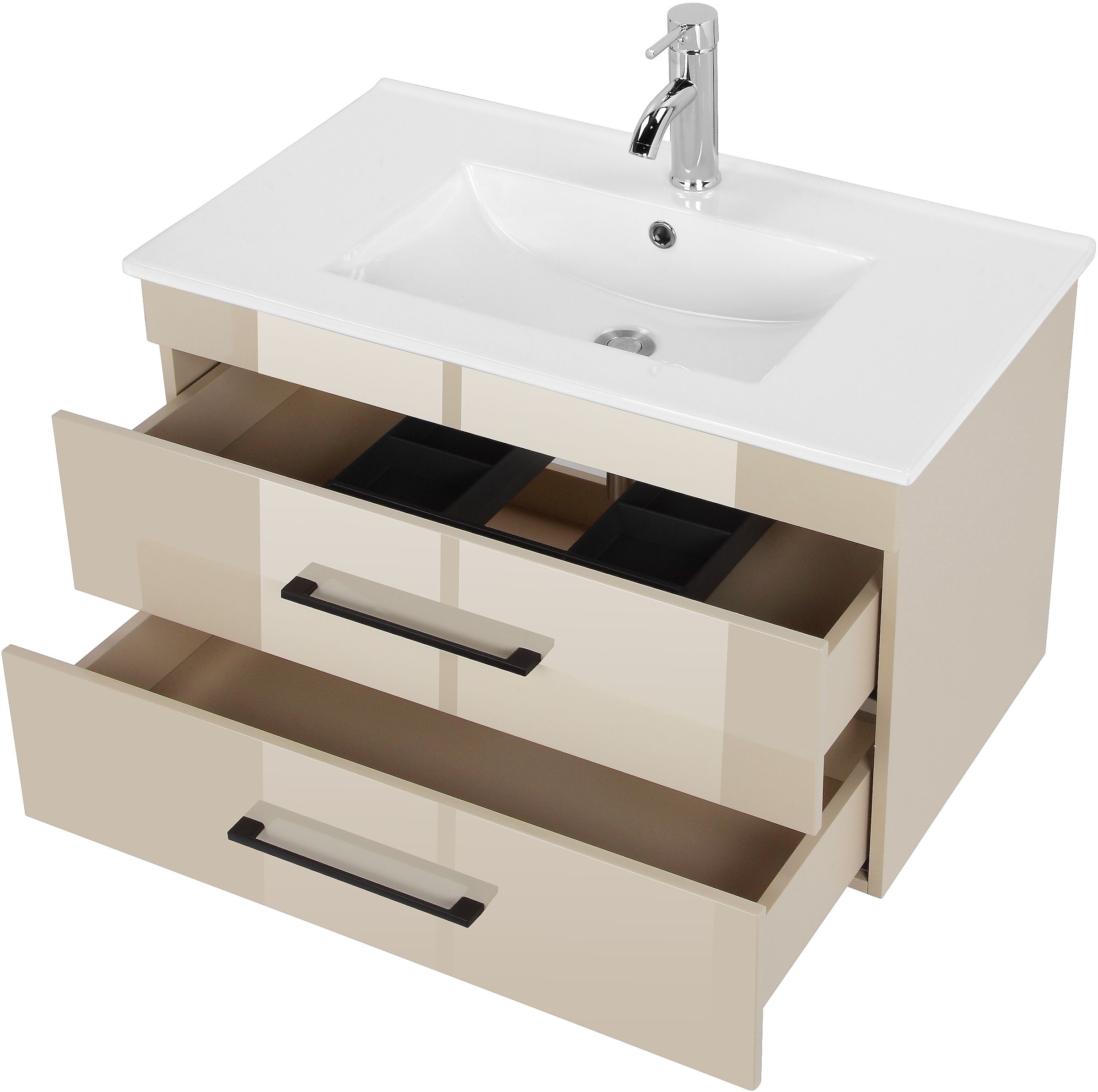 welltime Waschtisch »Florenz Badmöbel Badschrank mit Waschbecken«, Waschplatz mit 2 Auszügen und Softclose Breite 80cm