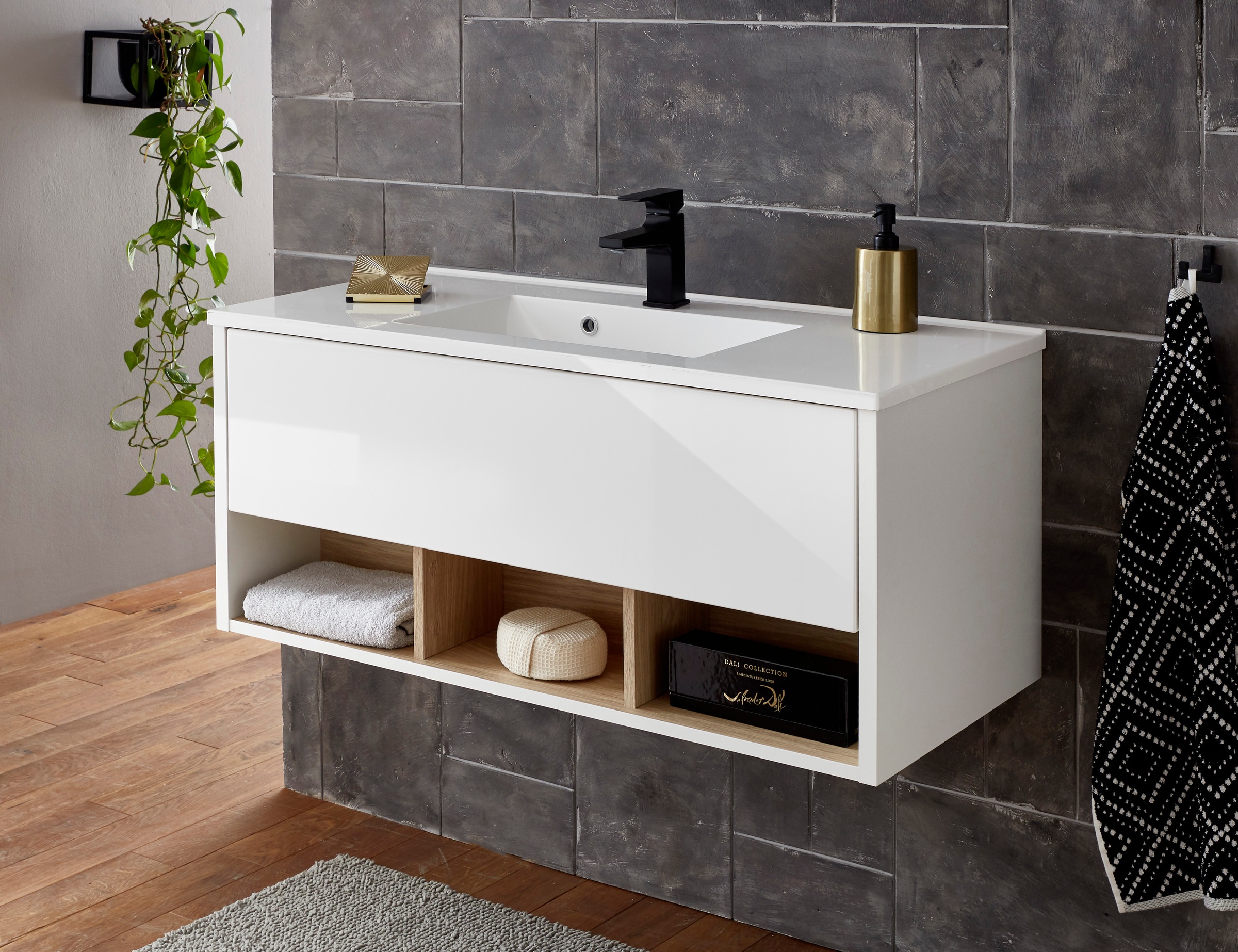 Places of Style Badmöbel-Set »Studio Line, Bad im modernen Design, 3-teiliges Badezimmer«, (3 St.), Schrank, Waschtisch und Spiegel, in zwei Farben verfügbar, Stauraum