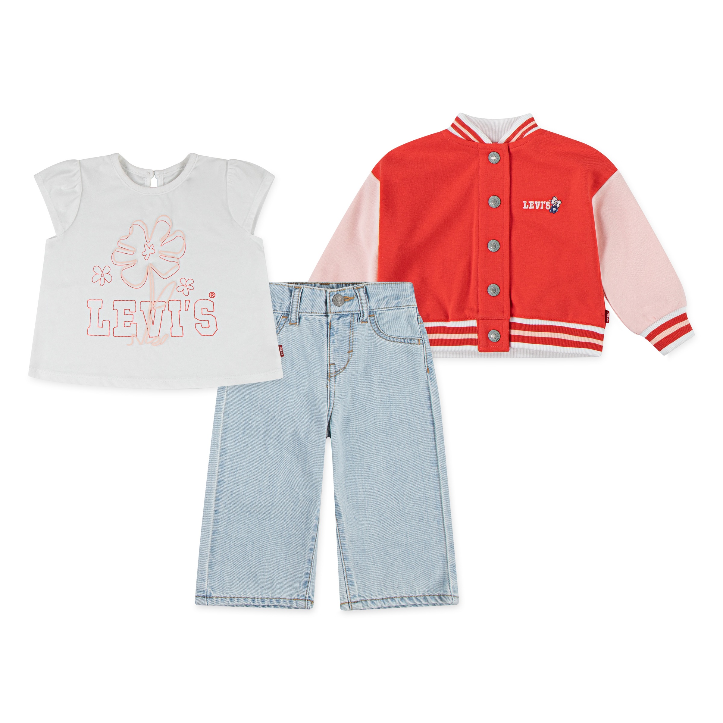 Levi's® Kids Shirt, Hose & Jäckchen »LVG BOMBER TEE AND WIDE PANT S« Set, 3-tlg., 3 Stk. mit Blumenstickerei, Colorblock-Design