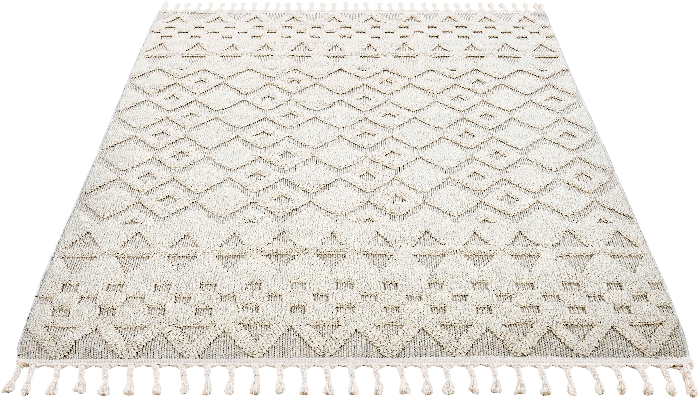 andas Teppich »Juliane«, rechteckig, Boho, Hoch-Tief-Struktur, kaufen mit | online Jelmoli-Versand Fransen Woll-Look
