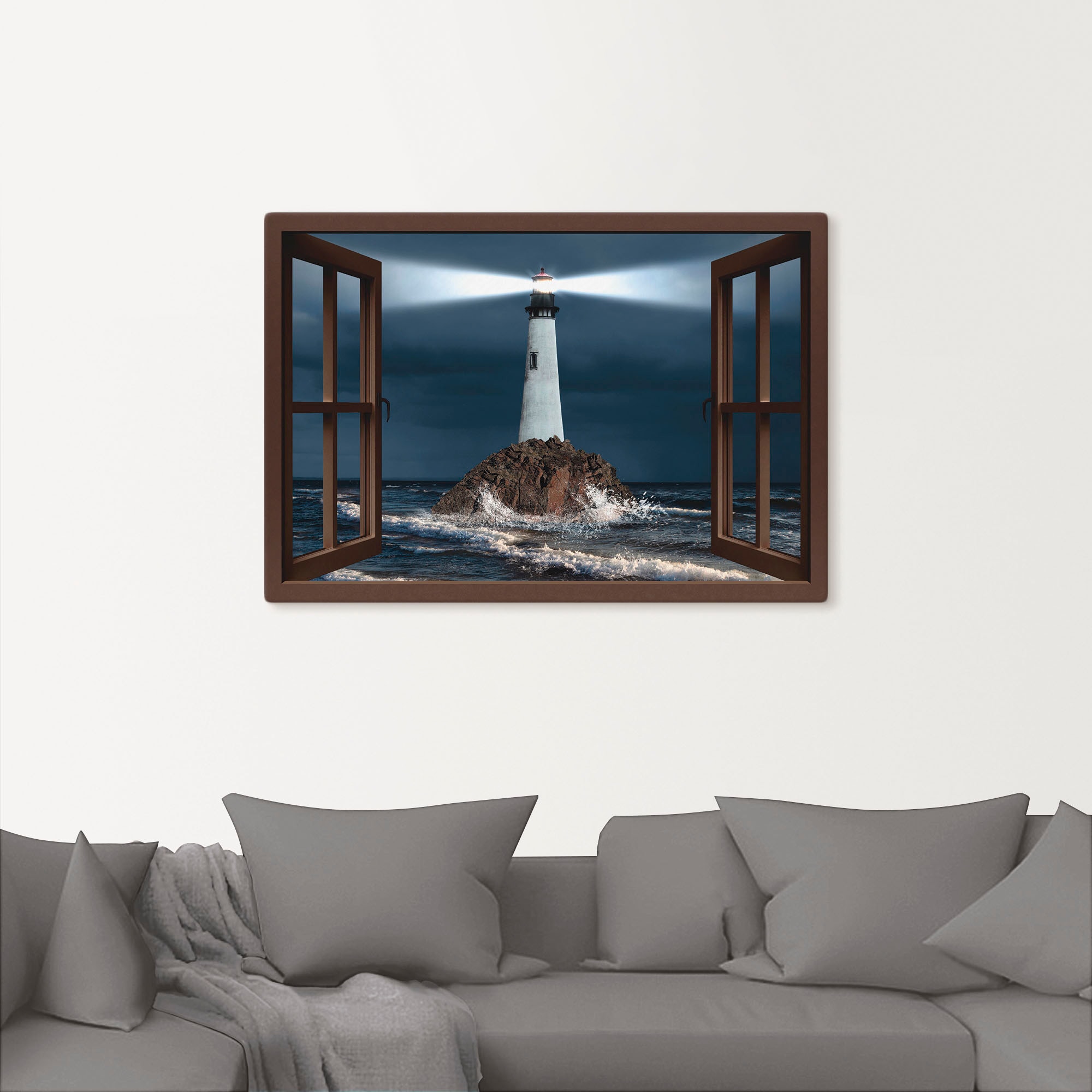 Artland Wandbild »Fensterblick Leuchtturm mit Lichtstrahl«, Gebäude, (1 St.), als Leinwandbild, Wandaufkleber in verschied. Grössen
