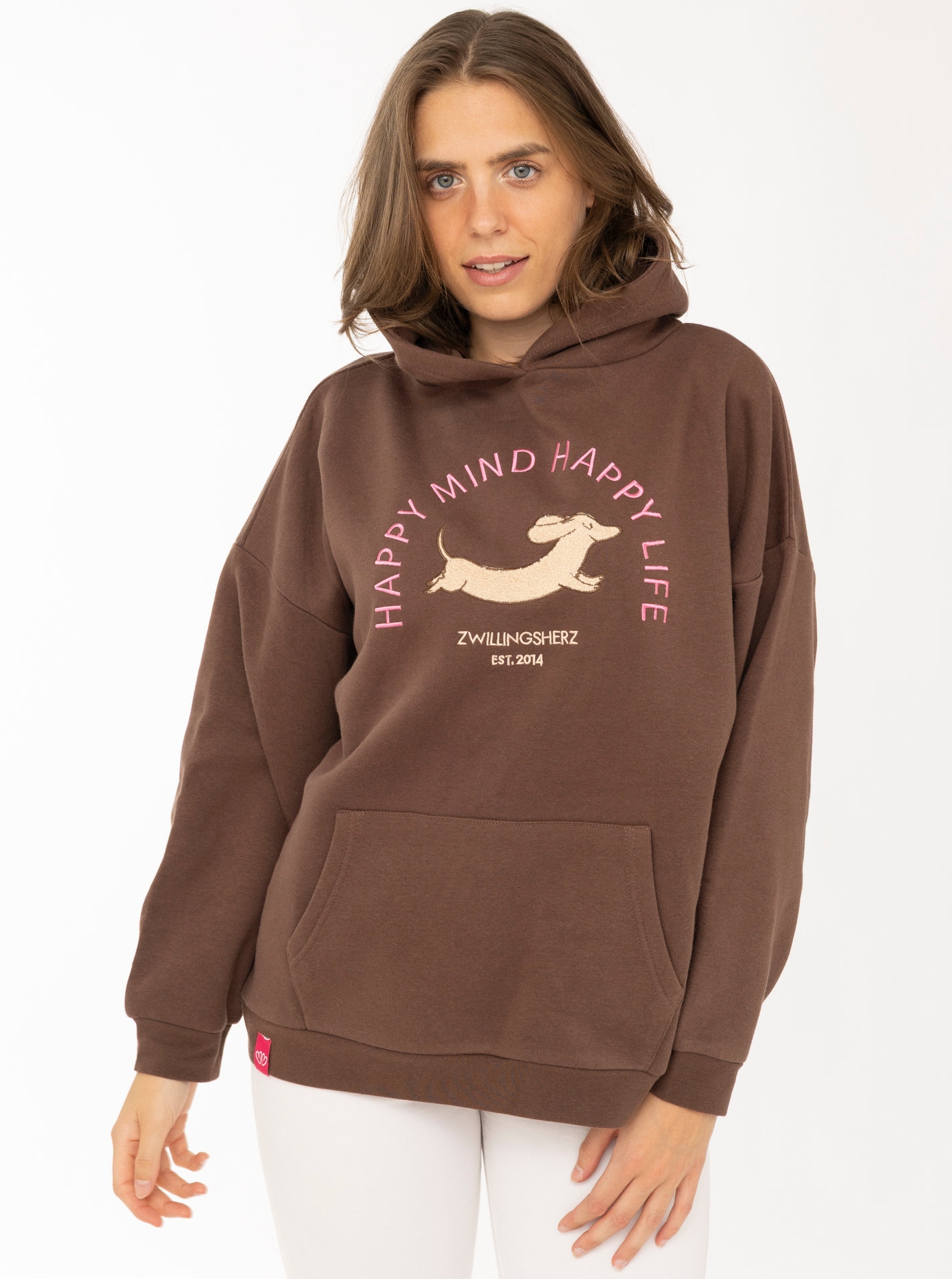 Zwillingsherz Hoodie ""DOG LOVE"", Dackelmotiv, Oversized Fit, Kängurutasche, Kapuze