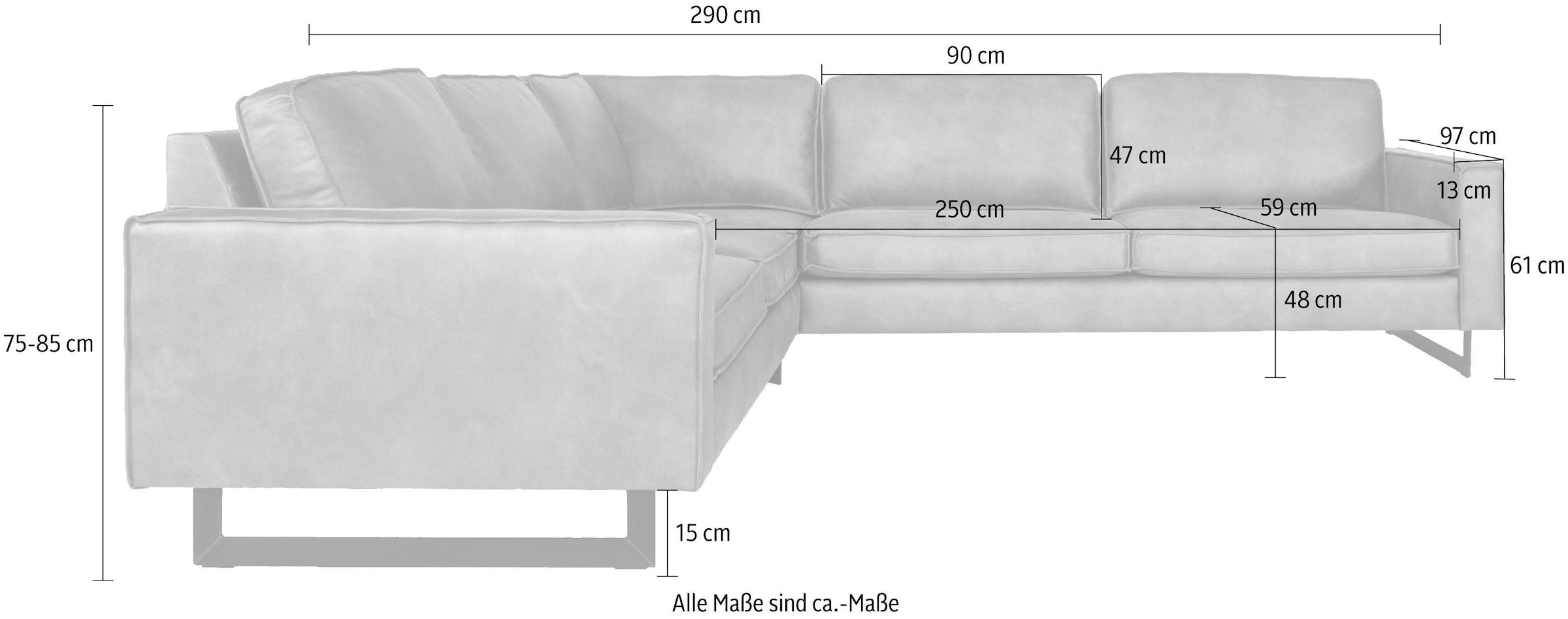 Places of Style Ecksofa »Pinto, XXL, 250/290 cm, langer Schenkel, Ottomane«, Cord, Chenille, Lederoptik, mit Keder, Metallfüsse, Wellenunterfederung