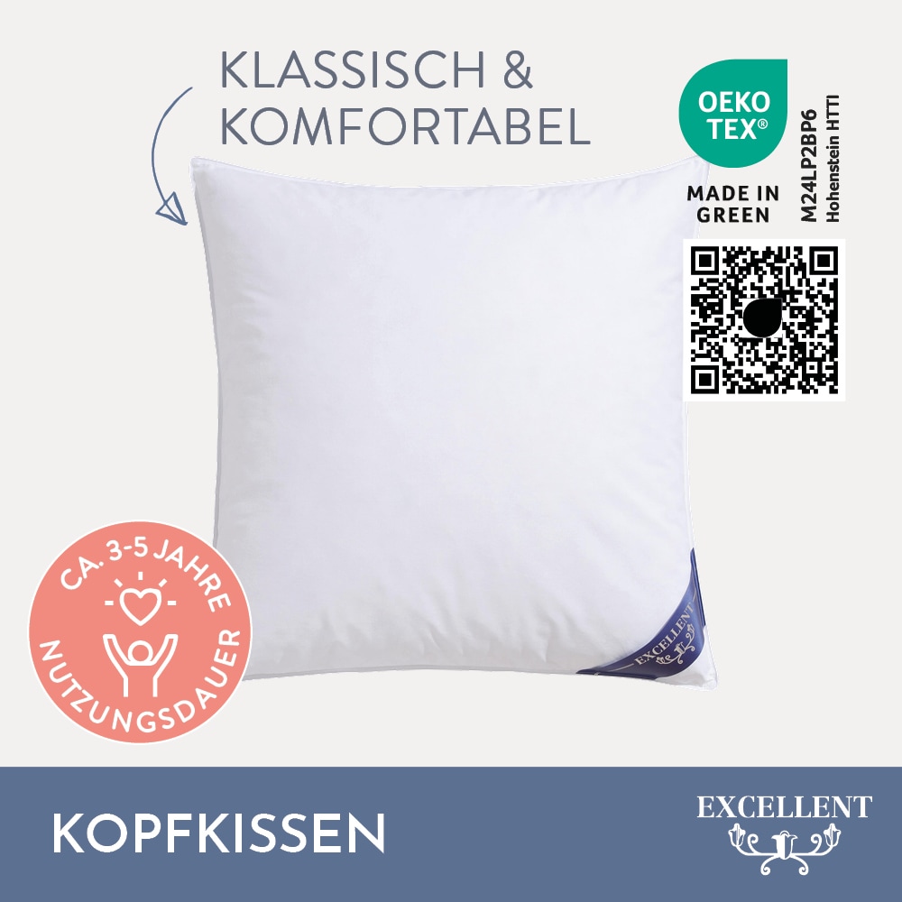 Excellent Kopfkissen »Venedig«, Füllung: weisse neue Federn und Daunen, Klasse I, 85% Federn / 15% Daunen, Bezug: Köper-Inlett, 100% Baumwolle, (Spar-Set, 1 St., 2 Kopfkissen), Kopfkissen 40x40, 40x80, 80x80, allergiker geeignet (Hausstaub)