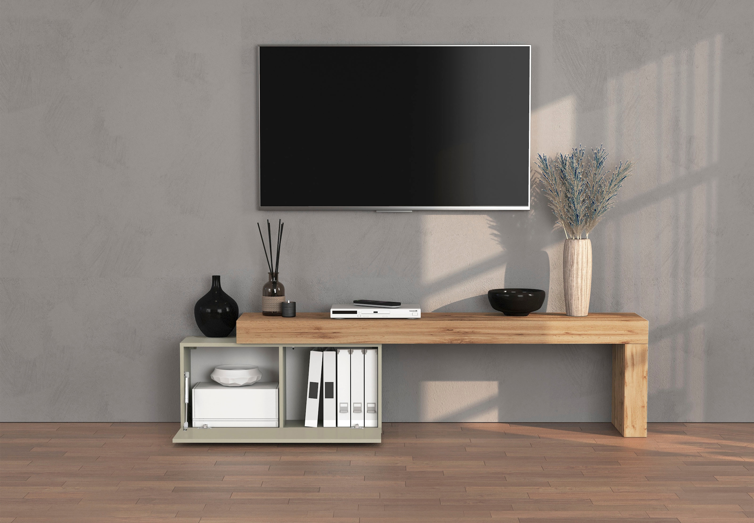 INOSIGN Lowboard »Chronos TV-Board, TV-Schrank«, (1 St., Breite verstellbar von 180 bis 260 cm), Breite 220 cm TV-Board,Lowboard,1 Klappe und ein L-Förmiger Aufsatz