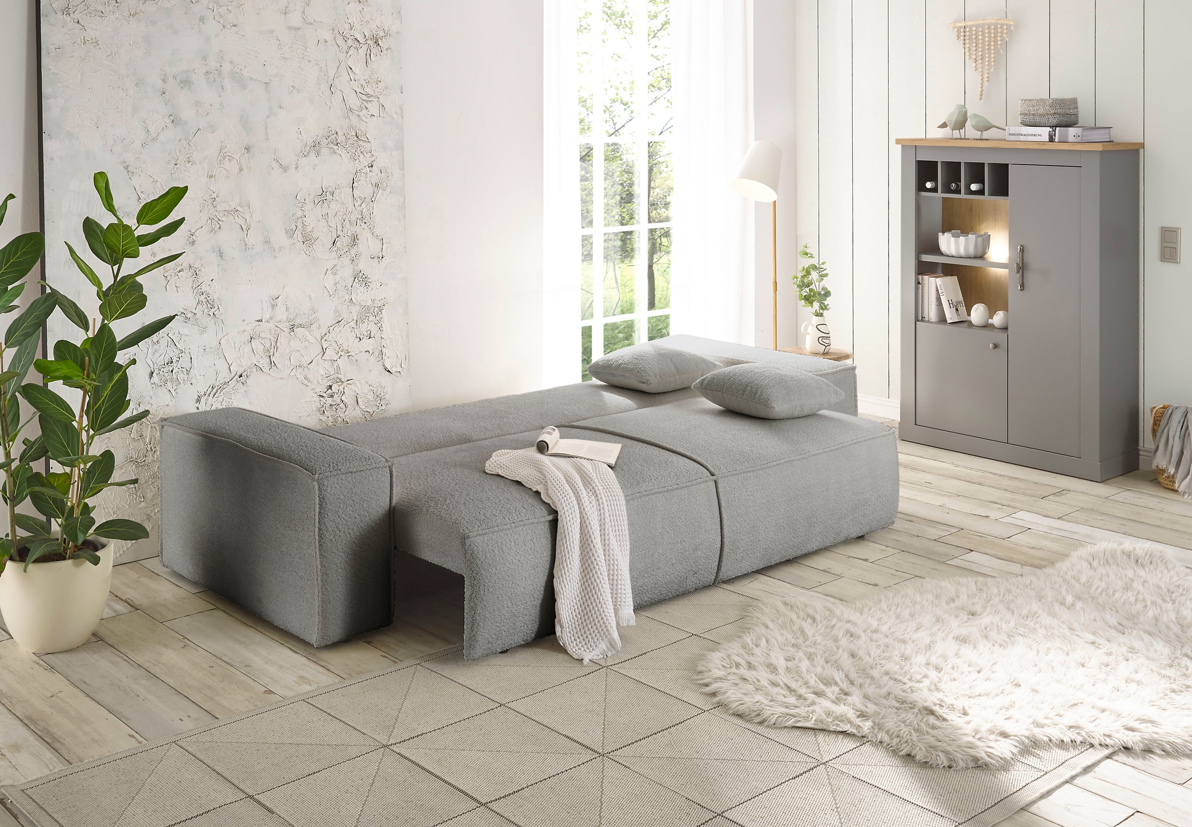 andas 3-Sitzer »FINNLEY Schlafsofa 257 cm, Schlaffunktion mit Bettkasten (200/136cm)«, in Aqua Clean-Bouclé, Struktur fein u. Cord