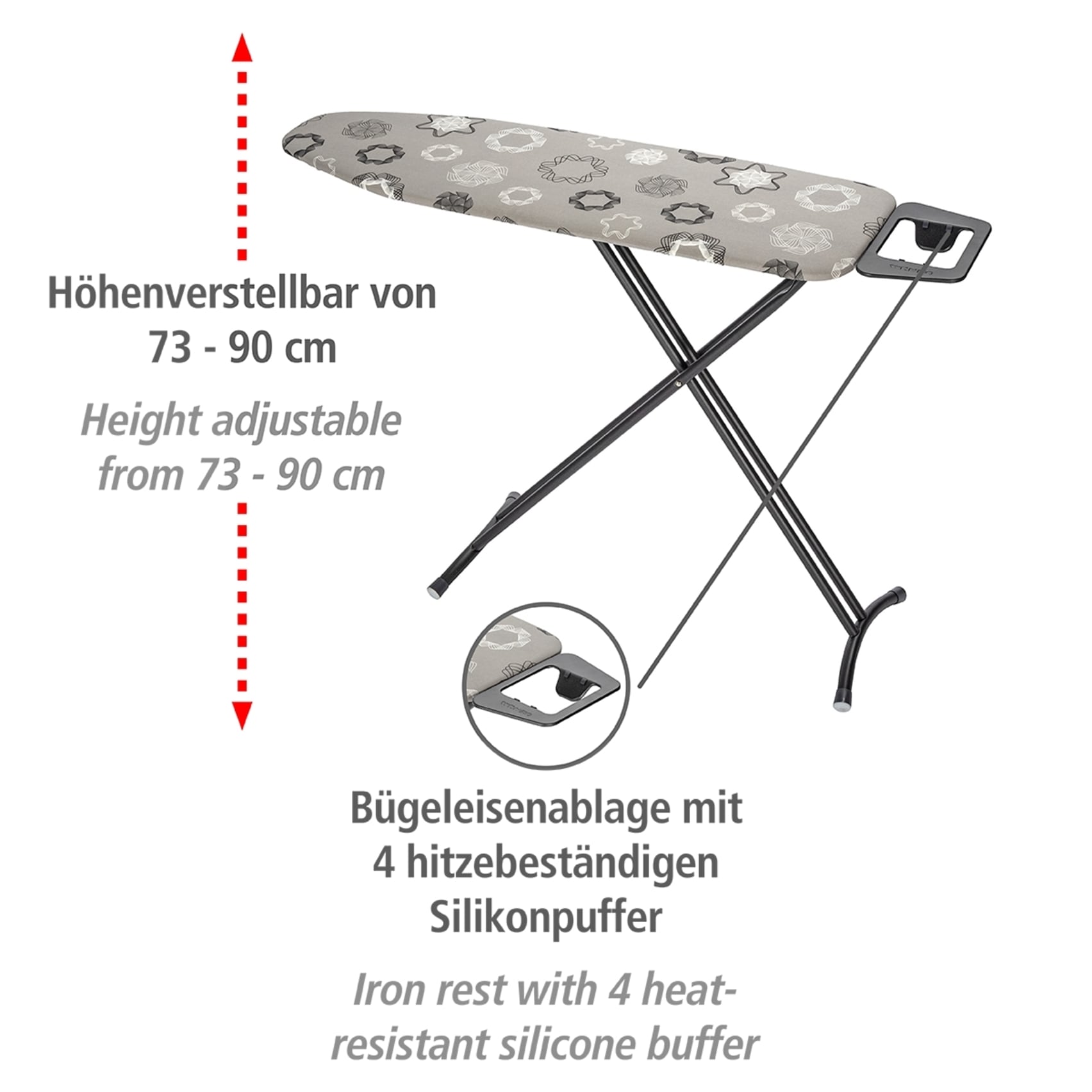 WENKO Bügelbrett »Modell Classic Black«, Bügelfläche 120 cmx38 cm, höhenverstellbarer Bügeltisch, platzsparend klappbar
