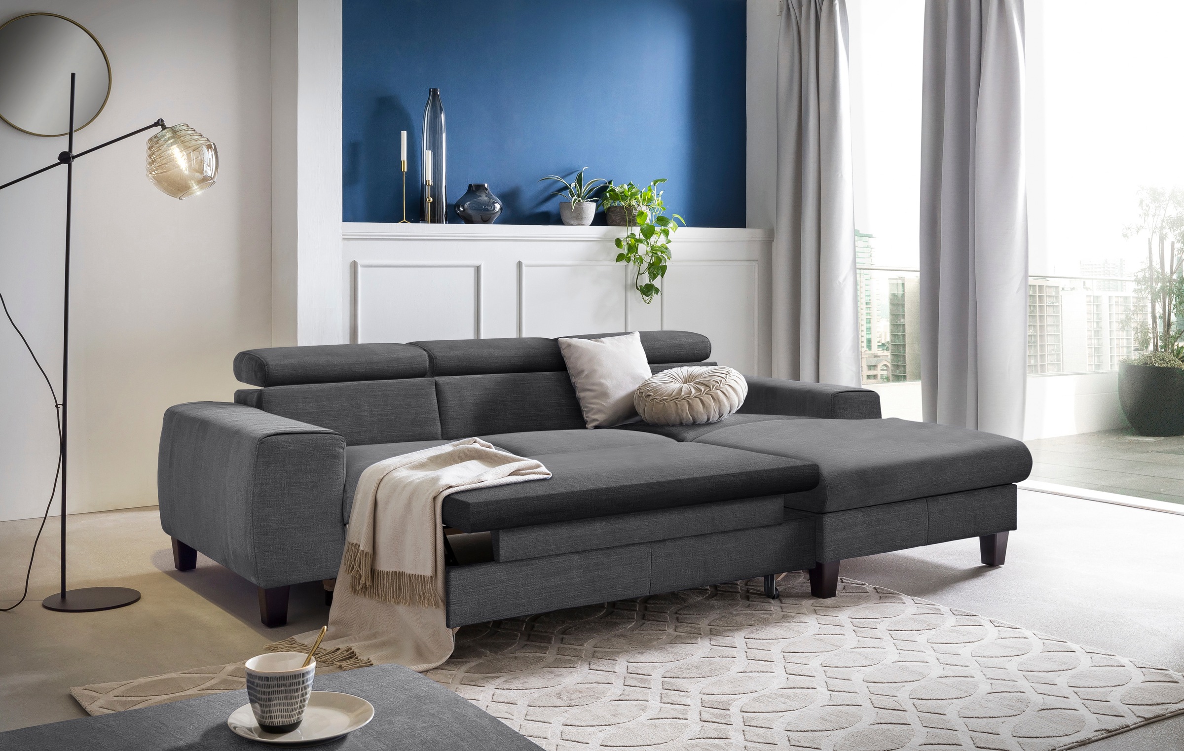 COTTA Ecksofa »Morven L-Form mit Kopfteilverstellung«, wahlweise mit Bettfunktion, Bettkasten & Wireless-Charger