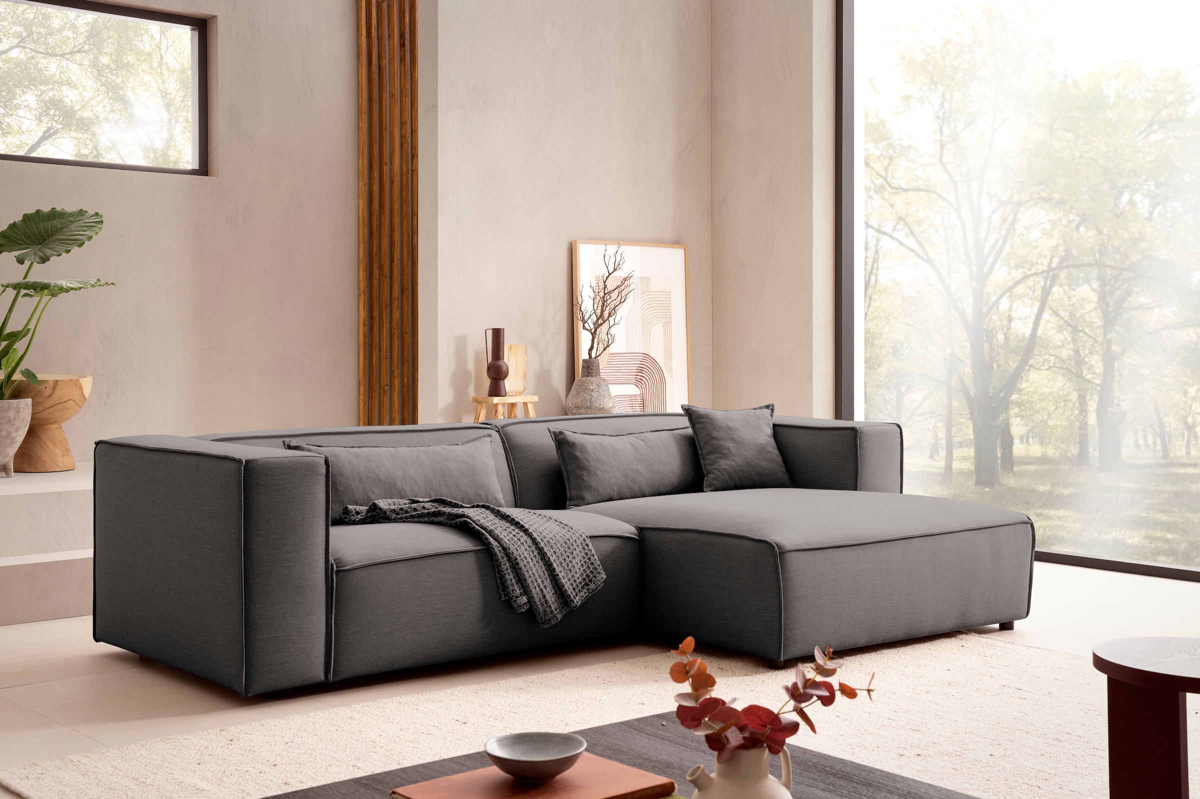 LeGer Home by Lena Gercke Ecksofa »PIARA mit Kedernaht in Cord oder Leinenoptik, moderne Couch in L-Form«, wahlweise Ottomane rechts/links, schwarze Füsse, bequemer Sitzkomfort