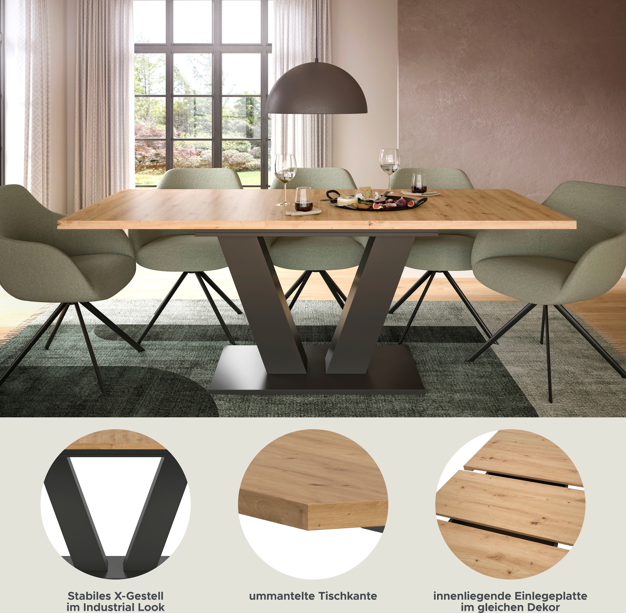 INOSIGN Esstisch »Motus, ausziehbar 150 -190 cm, inklusive 40 cm Einlegeplatte«, (Set, 1 St.), V-Gestell mit Bodenplatte, Tisch, Küchentisch, Esszimmer, Küche