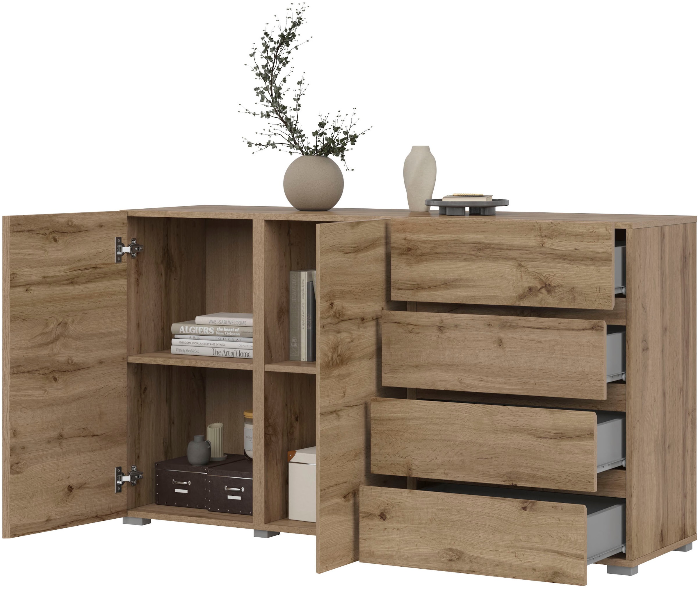 INOSIGN Sideboard »Asymetric,Breite 138 cm, grifflose Kommode 2 Türen/4 Schubkästen«, Schubladenschrank mit viel Stauraum, Einlegeböden verstellbar