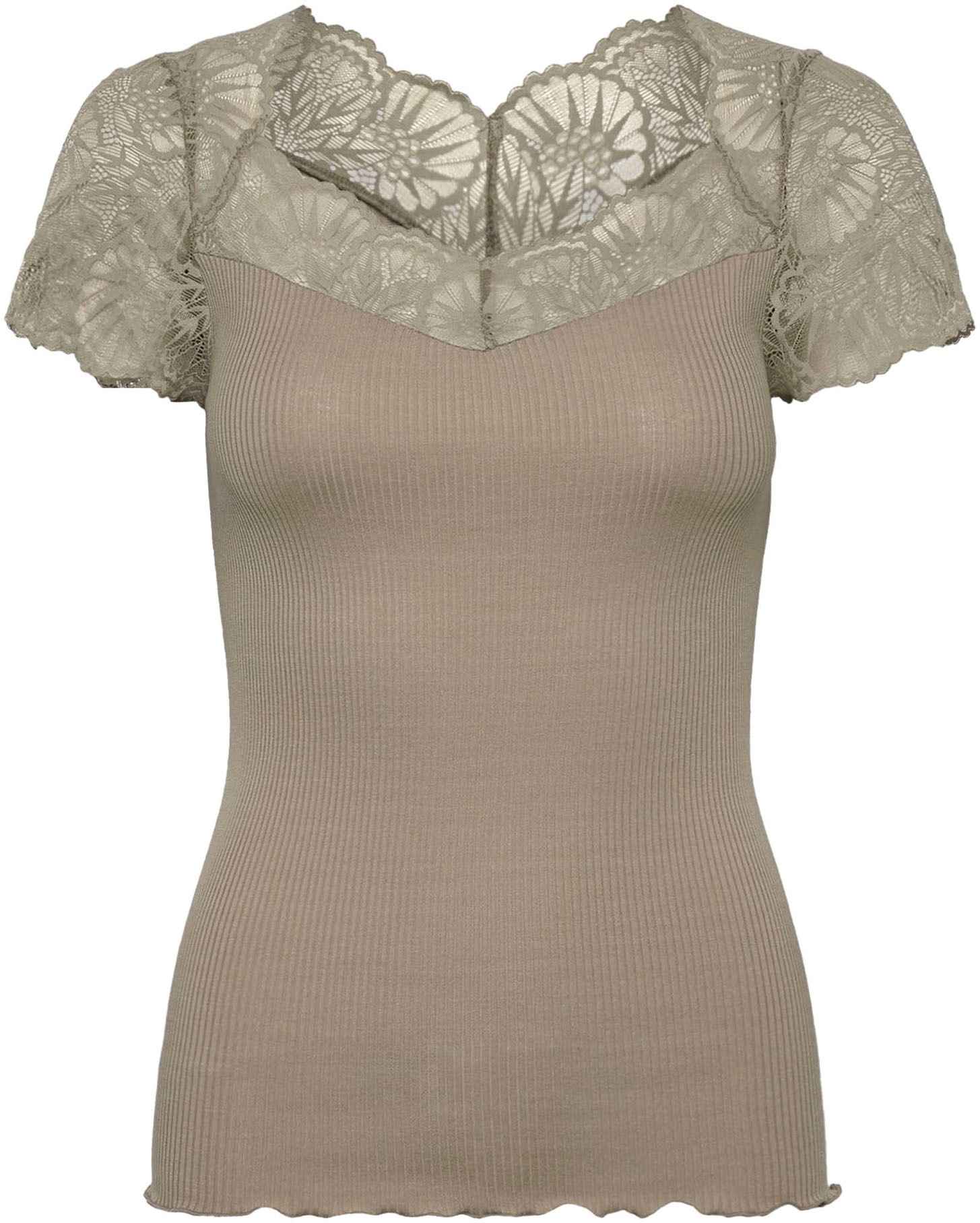 rosemunde T-Shirt elastischer Vintage-Spitzenbesatz, Kurzarm, gewellter Saum, Seidenmix