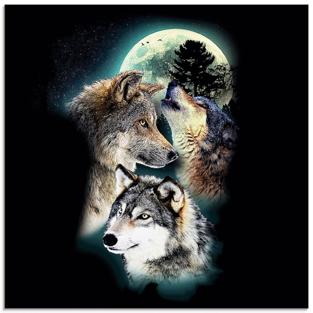 Artland Glasbild »Phantasie Wolf Wölfe mit Mond«, Wildtiere, (1 St.)