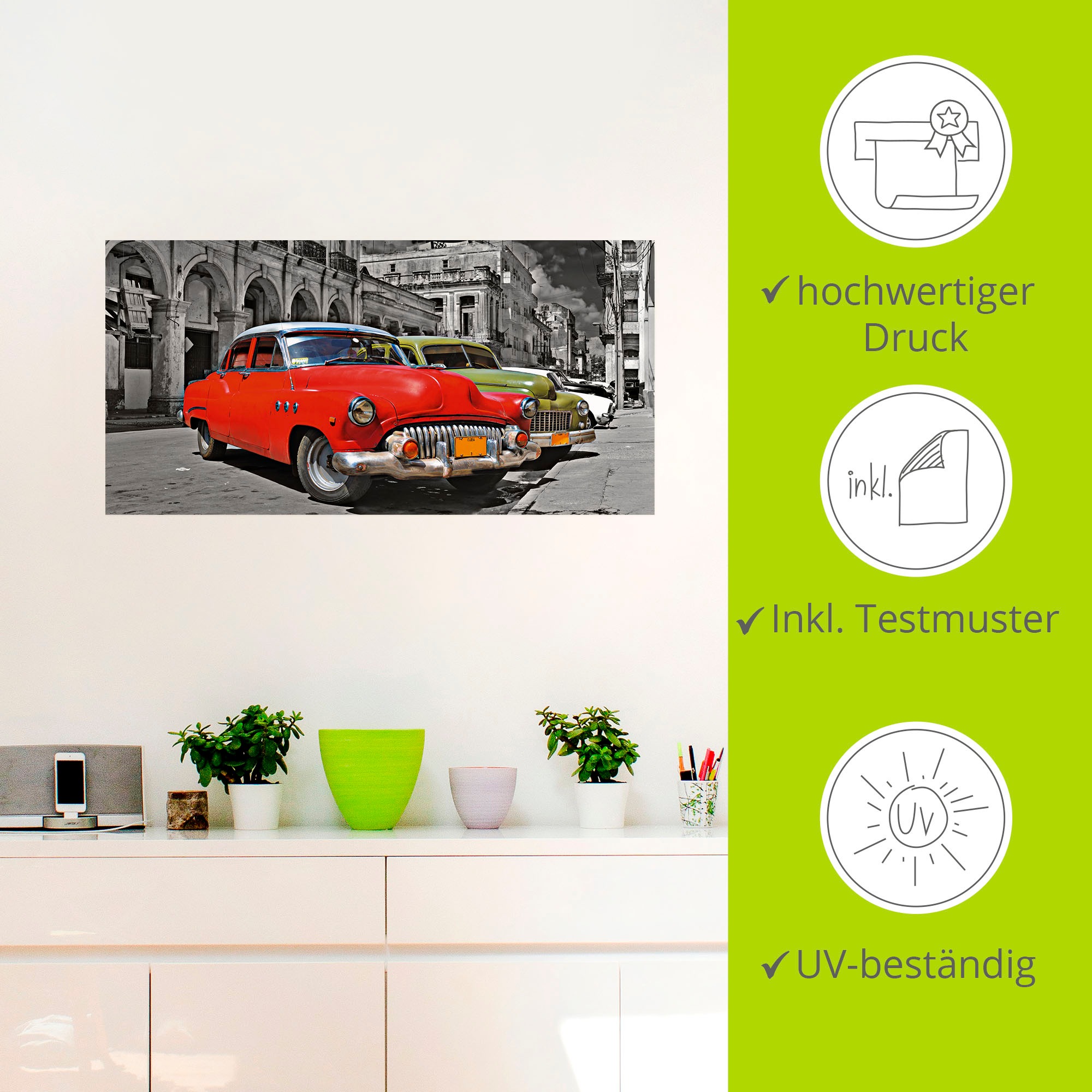 Artland Wandbild »Ansicht von bunten Havanna Autos«, Auto, (1 St.), als Alubild, Outdoorbild, Leinwandbild, Wandaufkleber, versch. Grössen