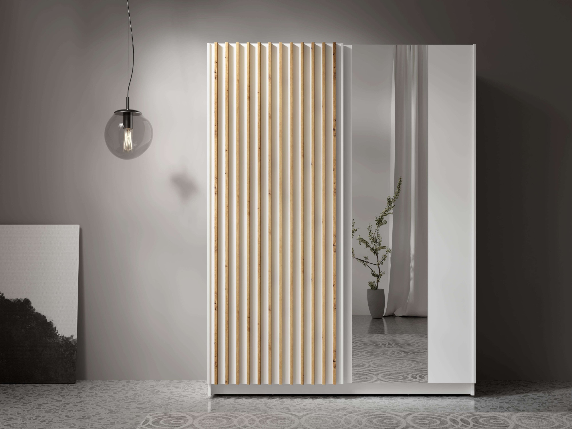Home affaire Kleiderschrank »Kleiderschrank Camden mit Spiegel, 4 Einlegeböden und Kleiderstange« Garderobe mit 2 Schwebetüren und Lamellen, BxHxT 150,5x198,5x61,6 cm