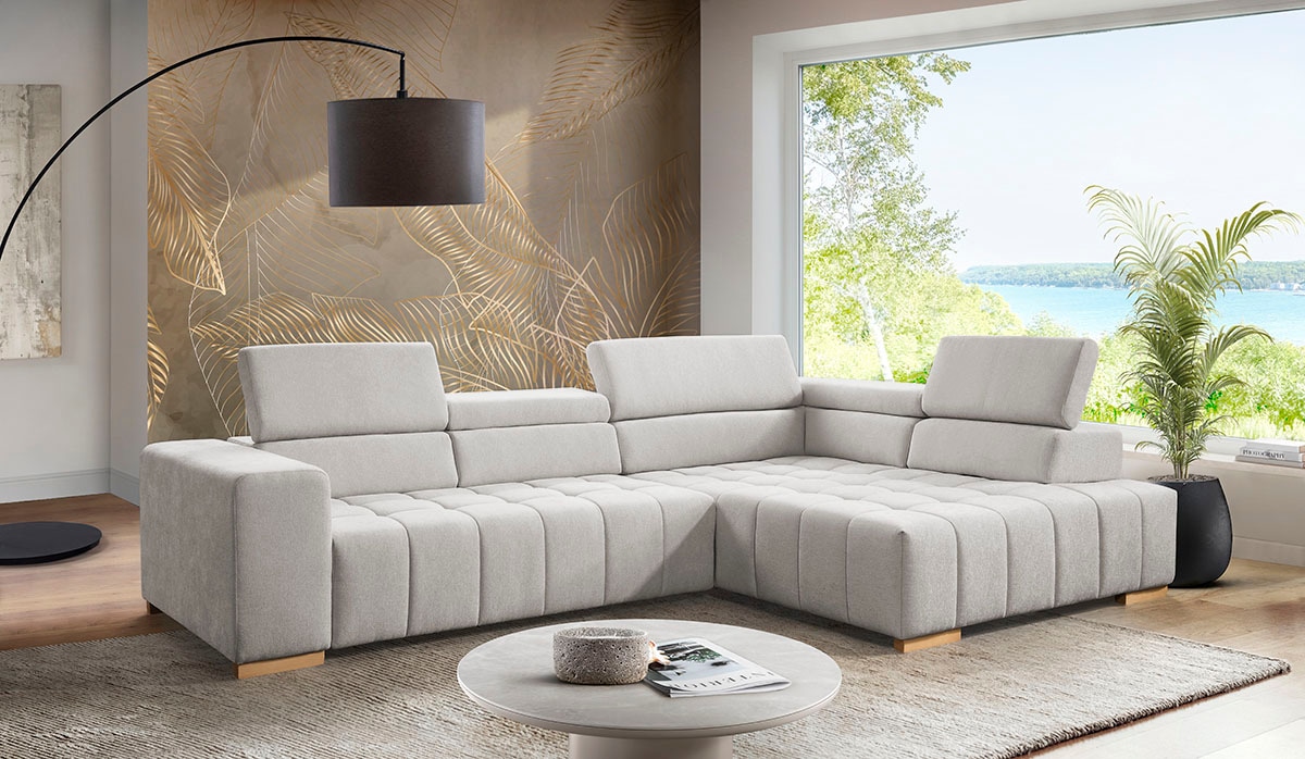 exxpo - sofa fashion Ecksofa "Elianos, hoher Sitzkomfort, aufwendige Kreuzsteppung im Sitz, L-Form" Kopfteile & Sitztiefe verstellbar, mit Bettfunktion