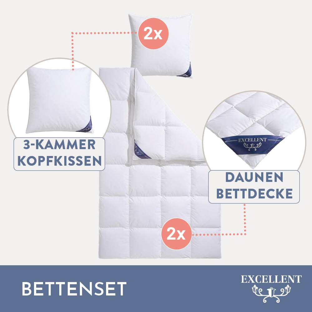 Excellent Daunenbettdecke + 3-Kammer-Kopfkissen »Bettdecken-Set Zürich, Bettdecke 135x200 & 155x220 cm«, (Spar-Set), Bettdecke 100% Daunen für Winter, Sommer, Kissen mit 90% Daunen