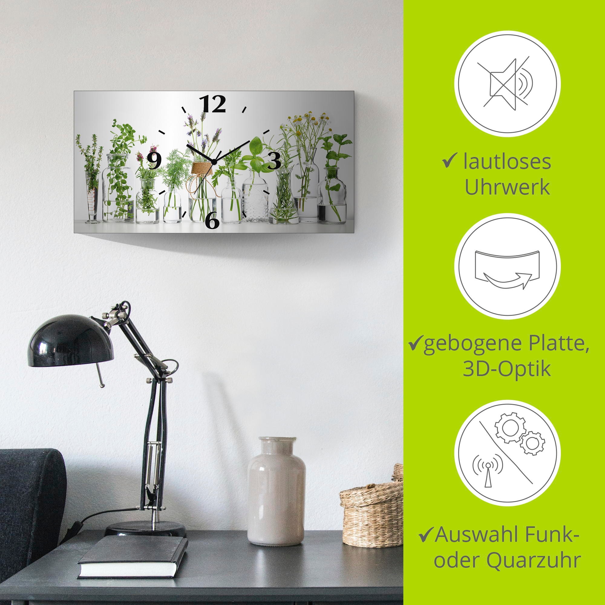 Artland Wanduhr »Öle mit Kräutern«, 3D Optik gebogen, mit Quarz- oder Funkuhrwerk, versch. Grössen