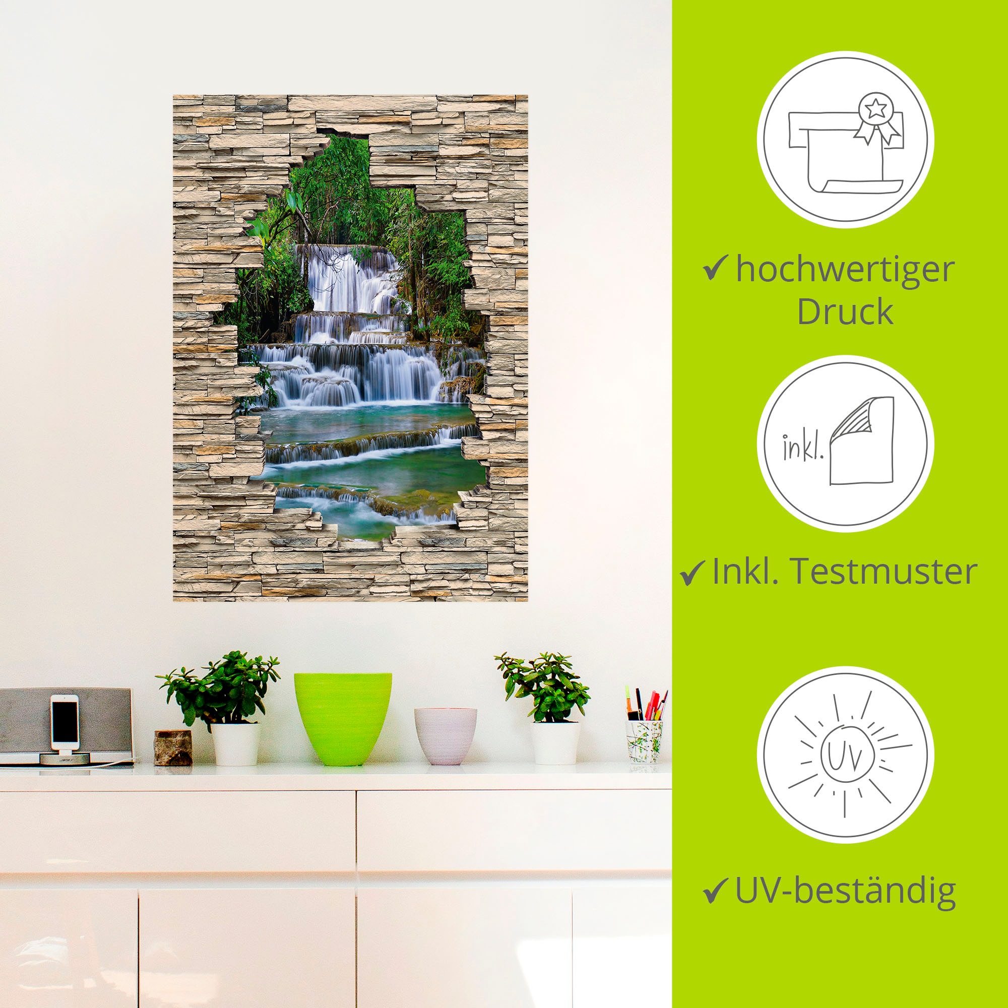 Artland Wandbild »Tiefen Wald Wasserfall Stein Mauer Blick«, Wasserfallbilder, (1 St.), als Alubild, Outdoorbild, Wandaufkleber in verschied. Grössen
