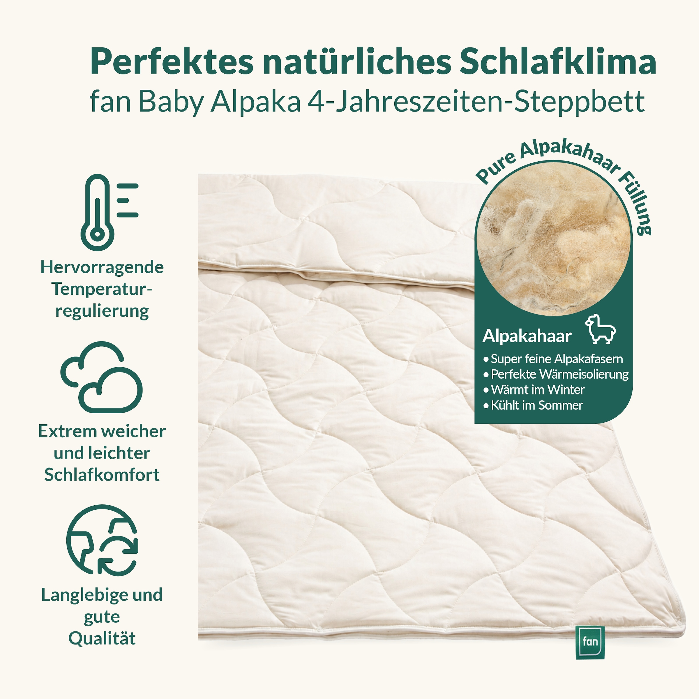 fan Naturhaarbettdecke "Baby Alpaka, Bettdecke in 135x200 und weiteren Größen erhältlich" 4-Jahreszeiten Füllung 97% Alpaka & 3% sonstige Faser 1 Stk. tlg. Bettdecke aus Naturhaar hergestellt in Deutschland