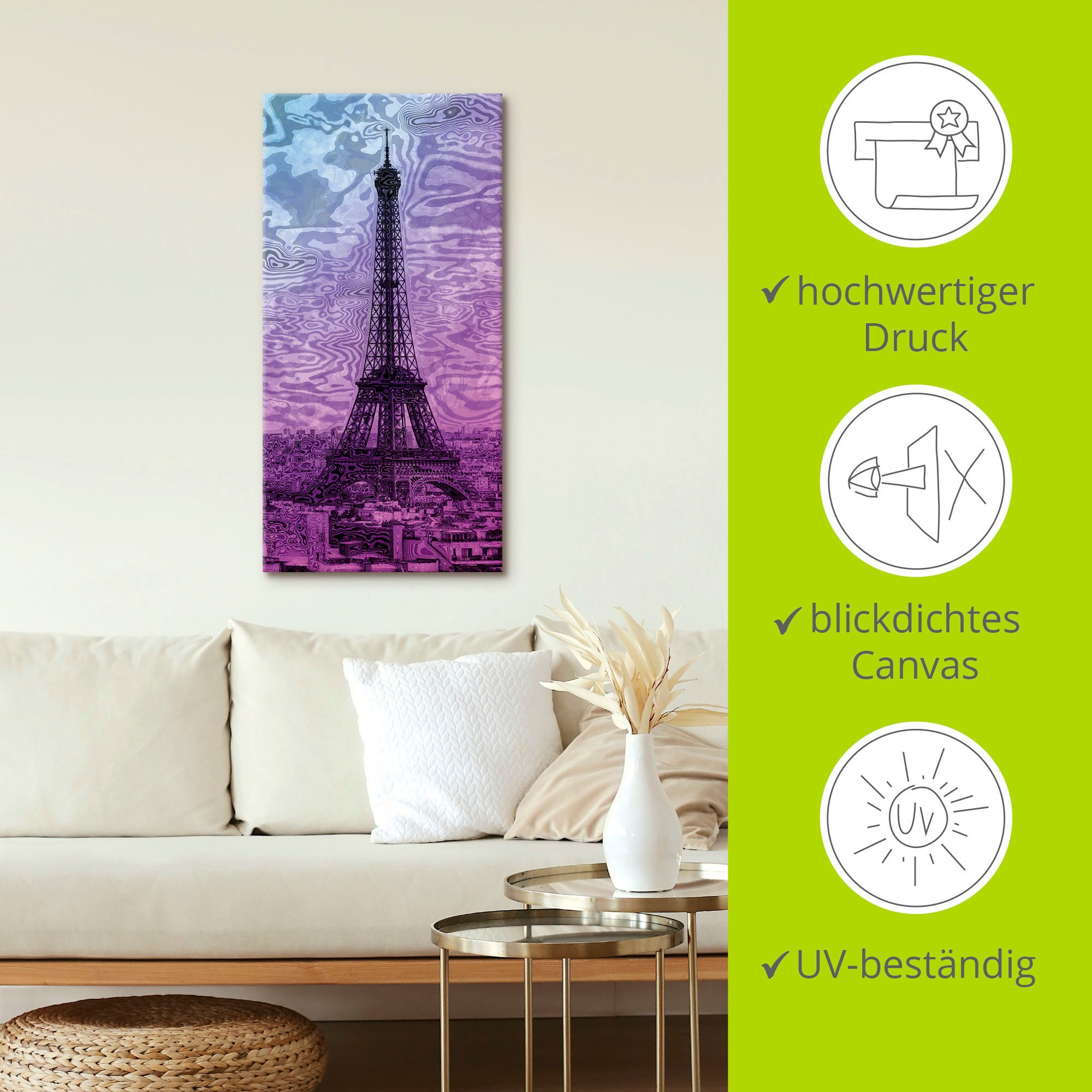 Artland Wandbild »Paris Eiffelturm Lila/Blau«, Gebäude, (1 St.), als Alubild, Outdoorbild, Leinwandbild in verschied. Grössen